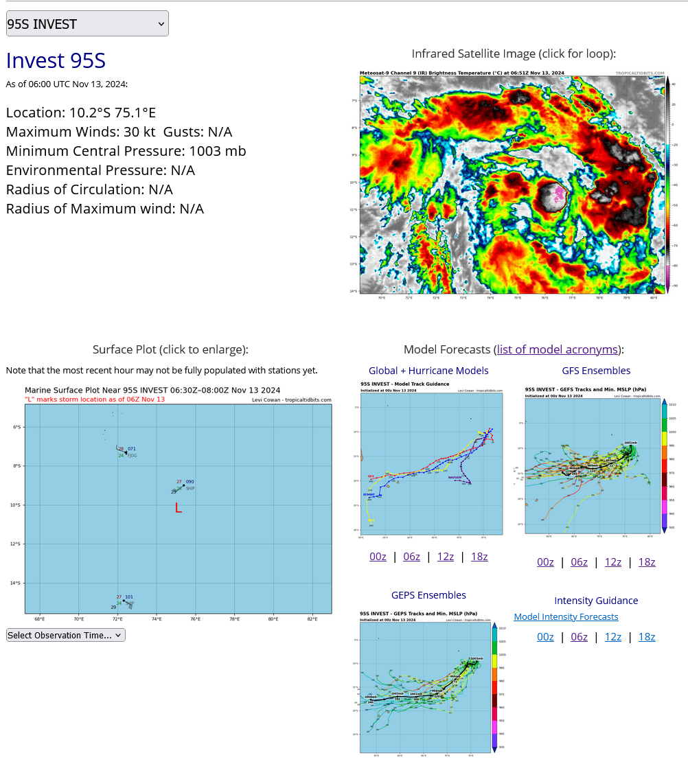 THE AREA OF CONVECTION (INVEST 95S) PREVIOUSLY LOCATED NEAR  9.0S 79.6E IS NOW LOCATED NEAR 10.4S 76.8E, APPROXIMATELY 360 NM  SOUTHEAST OF DIEGO GARCIA. ANIMATED ENHANCED INFRARED (EIR) SATELLITE  IMAGERY DEPICTS A BROAD BUT SLOWLY CONSOLIDATING LOW-LEVEL CIRCULATION  CENTER (LLCC) WITH DENSE FRAGMENTED CONVECTION ON THE SOUTHERN PERIPHERY.  THE FRAGMENTED CONVECTION IS ALSO EVIDENT ON RECENT SSMIS 37 GHZ  MICROWAVE IMAGE. THE ENVIRONMENT IS FAVORABLE FOR DEVELOPMENT WITH WARM  (29-30 C) SEA SURFACE TEMPERATURES, LOW (5-10 KTS) VERTICAL WIND SHEAR,  AND A POINT SOURCE DIRECTLY OVER THE ANALYZED POSITION THAT SUPPORTS THE  GOOD UPPER LEVEL OUTFLOW. GLOBAL DETERMINISTIC AND ENSEMBLE MODELS ARE IN  AGREEMENT THAT INVEST 95S WILL CONTINUE TO TRACK WEST-SOUTHWESTWARD  TOWARD MADAGASCAR AS IT INTENSIFIES OVER THE NEXT 24 TO 36 HOURS. MAXIMUM  SUSTAINED SURFACE WINDS ARE ESTIMATED AT 27 TO 32 KNOTS. MINIMUM SEA  LEVEL PRESSURE IS ESTIMATED TO BE NEAR 1002 MB. THE POTENTIAL FOR THE  DEVELOPMENT OF A SIGNIFICANT TROPICAL CYCLONE WITHIN THE NEXT 24 HOURS IS  MEDIUM.