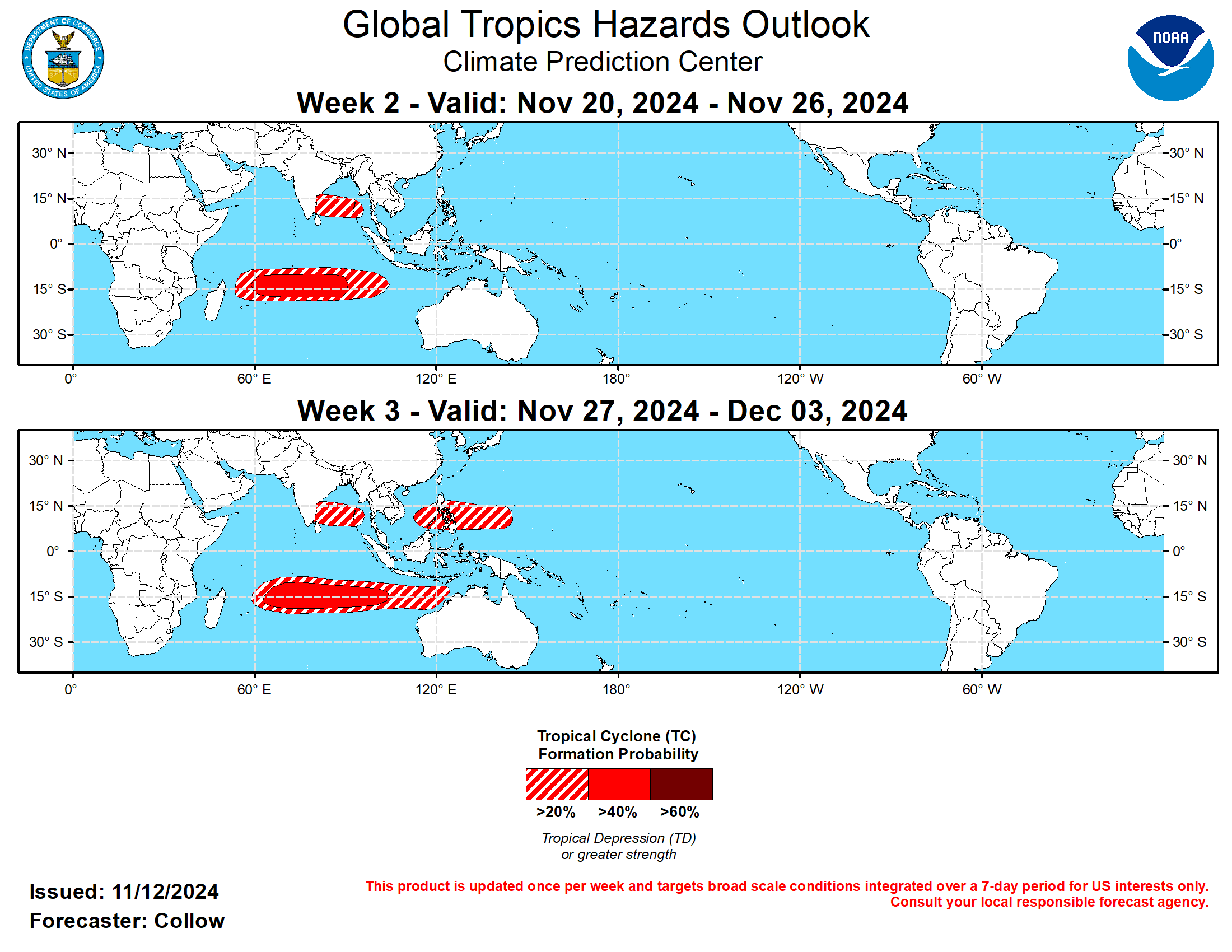 GTH Outlook Discussion Last Updated - 11/12/24 Valid - 11/20/24 - 12/03/24 ﻿The Madden Julian Oscillation (MJO) has been active during the past month, completing a full circumnavigation of the globe. Associated with the MJO is a pronounced wave-1 asymmetry pattern in the spatial upper-level velocity potential field with a clear eastward propagation during the past several weeks. Currently, the enhanced convective envelope stretches from the eastern Americas to Africa, with the suppressed phase beginning to move into the Western Hemisphere. The ECENS, CFS, and GEFS models indicate a relatively slower eastward propagation of the MJO compared to the past month, with the intraseasonal signal forecast to move across the Indian Ocean and Maritime Continent, and the GEFS depicting a faster propagation into the Western Pacific during early December. An MJO associated resurgence of enhanced low-level westerlies may develop across the Maritime Continent later in November but its eastward propagation is uncertain due to a predicted trade wind surge across the tropical Pacific which may destructively interfere with the incoming westerlies.  The Western North Pacific has been active with three TC formations during the past week. Tropical Storm Man-Yi and Typhoon Toraji both developed on 11/9, with Tropical Storm Usagi forming on 11/11. According to the Joint Typhoon Warning Center (JTWC), Toraji is forecast to dissipate over the South China Sea. Man-Yi and Usagi are predicted to gradually strengthen and take similar tracks toward the northern Philippines and possibly Taiwan, with Usagi located to the west of Man-Yi. Following this burst of activity, TC formation chances are favored to diminish across the basin. However, a favorable convective environment aloft is forecast to return by week-3 as the main convective envelope moves closer to or over the Western Pacific. Therefore, a 20-40 percent chance of TC development is posted for week-3 stretching from the South China Sea eastward to the Mariana Islands.  The MJO slowly moving over the Indian Ocean is forecast to lead to an uptick in TC activity. The JTWC is monitoring 95S over the Southern Indian Ocean for potential development during the next week. Conditions are forecast to remain conducive for additional TC development over this region into weeks 2 and 3, with 40-60 percent chances posted for both periods. By week-3, TC formation probabilities in the ECMWF increase toward Australia supporting an extension of the 20-40 percent probabilities to near the Kimberley Coast, although these higher chances may be delayed into week-4. TC formation is also possible across the Bay of Bengal, although models are borderline in terms of timing with TC formation being depicted in both periods. Therefore, only 20-40 percent chances are highlighted for both week-2 and week-3 despite some stronger signals in the guidance.  The National Hurricane Center (NHC) indicates a 90 percent chance of TC formation across the Caribbean during the next 7-days. Given that this system is most likely to develop by the start of week-2, no related TC formation probabilities are highlighted over the region in this outlook. However, interests in the western Caribbean and Florida are advised to monitor updates from NHC regarding this system and any potential impacts.