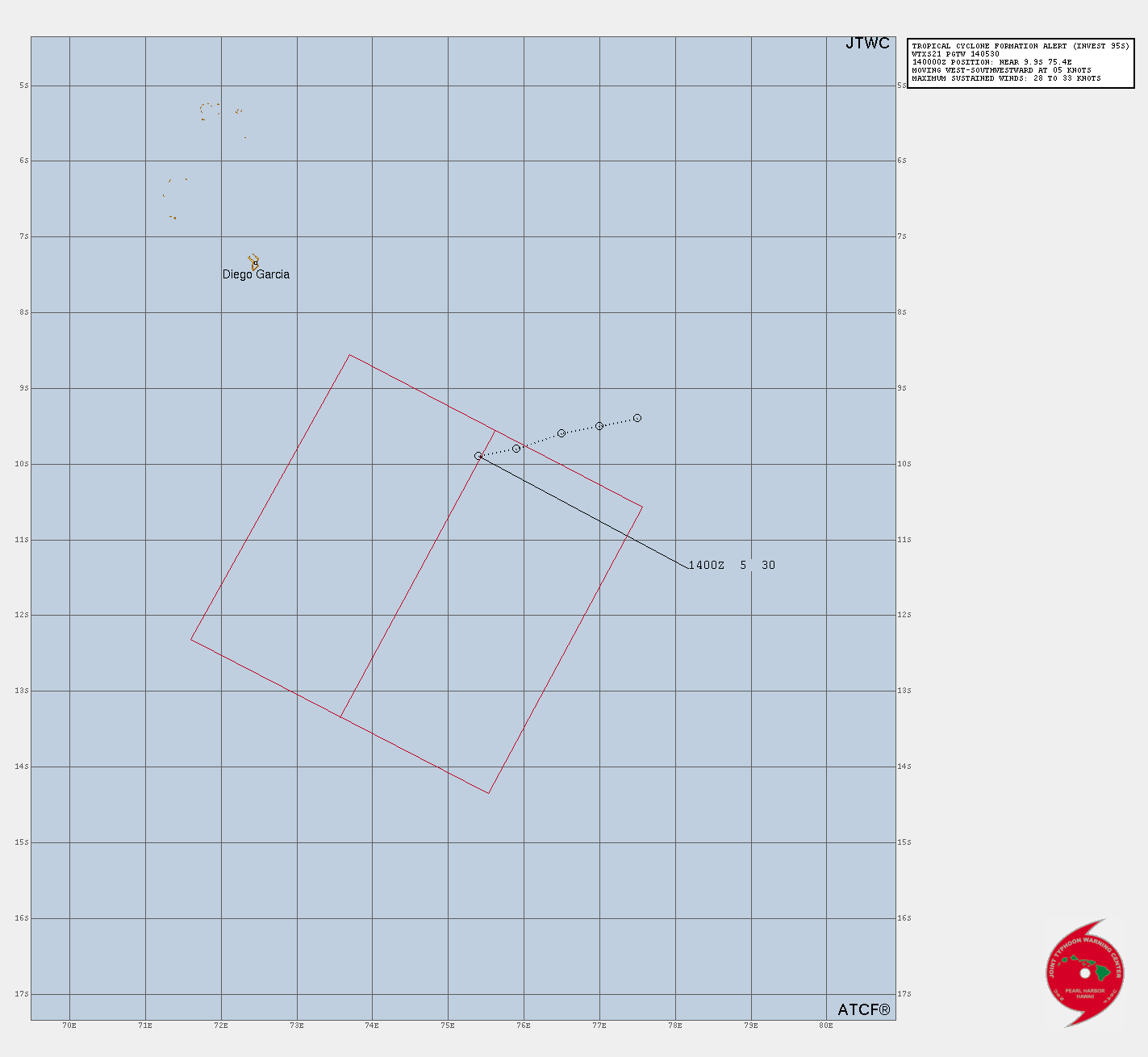 THE AREA OF CONVECTION (INVEST 95S) PREVIOUSLY LOCATED NEAR  10.2S 74.6E IS NOW LOCATED NEAR 9.9S 75.4E, APPROXIMATELY 230 NM  SOUTHEAST OF DIEGO GARCIA. ANIMATED MULTISPECTRAL SATELLITE IMAGERY  DEPICTS A CONSOLIDATING LOW LEVEL CIRCULATION CENTER (LLCC) FULLY  OBSCURED BY DEEP PERSISTENT CONVECTION ALOFT. A 140049Z SSMIS F16 37GHZ  MICROWAVE SATELLITE IMAGE DEPICTS DEEP CONVECTIVE BANDING WRAPPING INTO  A CONSOLIDATING LLCC. ENVIRONMENTAL ANALYSIS INDICATES FAVORABLE  CONDITIONS FOR FURTHER INTENSIFICATION WITH MODERATE (15-20KTS)  VERTICAL WIND SHEAR, STRONG DUAL-CHANNEL OUTFLOW AND WARM (27-28C) SEA  SURFACE TEMPERATURES. GLOBAL DETERMINISTIC MODELS ARE IN GOOD AGREEMENT  ON THE CONSOLIDATION OF 95S AND ANTICIPATED WEST-SOUTHWESTWARD TRACK.  MAXIMUM SUSTAINED SURFACE WINDS ARE ESTIMATED AT 27 TO 33 KNOTS.  MINIMUM SEA LEVEL PRESSURE IS ESTIMATED TO BE NEAR 1000 MB. THE  POTENTIAL FOR THE DEVELOPMENT OF A SIGNIFICANT TROPICAL CYCLONE WITHIN  THE NEXT 24 HOURS IS UPGRADED TO HIGH.