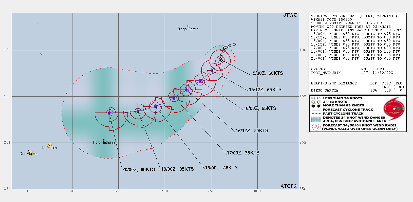 FORECAST REASONING.  SIGNIFICANT FORECAST CHANGES: THERE ARE NO SIGNIFICANT CHANGES TO THE FORECAST FROM THE PREVIOUS WARNING.  FORECAST DISCUSSION: TC 02S IS CURRENTLY TRACKING SOUTH-SOUTHWESTWARD ALONG THE NORTHWESTERN PERIPHERY OF THE STEERING STR, TOWARD A SHORTWAVE TROUGH ANALYZED TO THE SOUTHWEST. AS THIS SHORTWAVE TROUGH TRANSLATES EASTWARD, CONTINUOUS RIDGING IS EXPECTED TO BUILD TO THE SOUTH OF TC 02S AND GRADUALLY STEER THE SYSTEM TOWARD A WESTWARD TRAJECTORY. PASSAGE OVER WARM WATER AND FAVORABLE OUTFLOW WILL SUPPORT INTENSIFICATION IN THE NEAR-TERM, BUT PERSISTENT MODERATE EASTERLY VERTICAL WIND SHEAR (VWS) IS EXPECTED TO LIMIT THE INTENSIFICATION RATE. VWS IS EXPECTED TO DROP TOWARD MORE FAVORABLE VALUES AFTER TAU 24, ALLOWING FOR MORE PRONOUNCED INTENSIFICATION THROUGH TAU 72. THEREAFTER, INCREASING WESTERLY VWS AND PASSAGE OVER COOLER WATER ARE EXPECTED TO ARREST THE INTENSIFICATION TREND AND BEGIN WEAKENING THE SYSTEM.