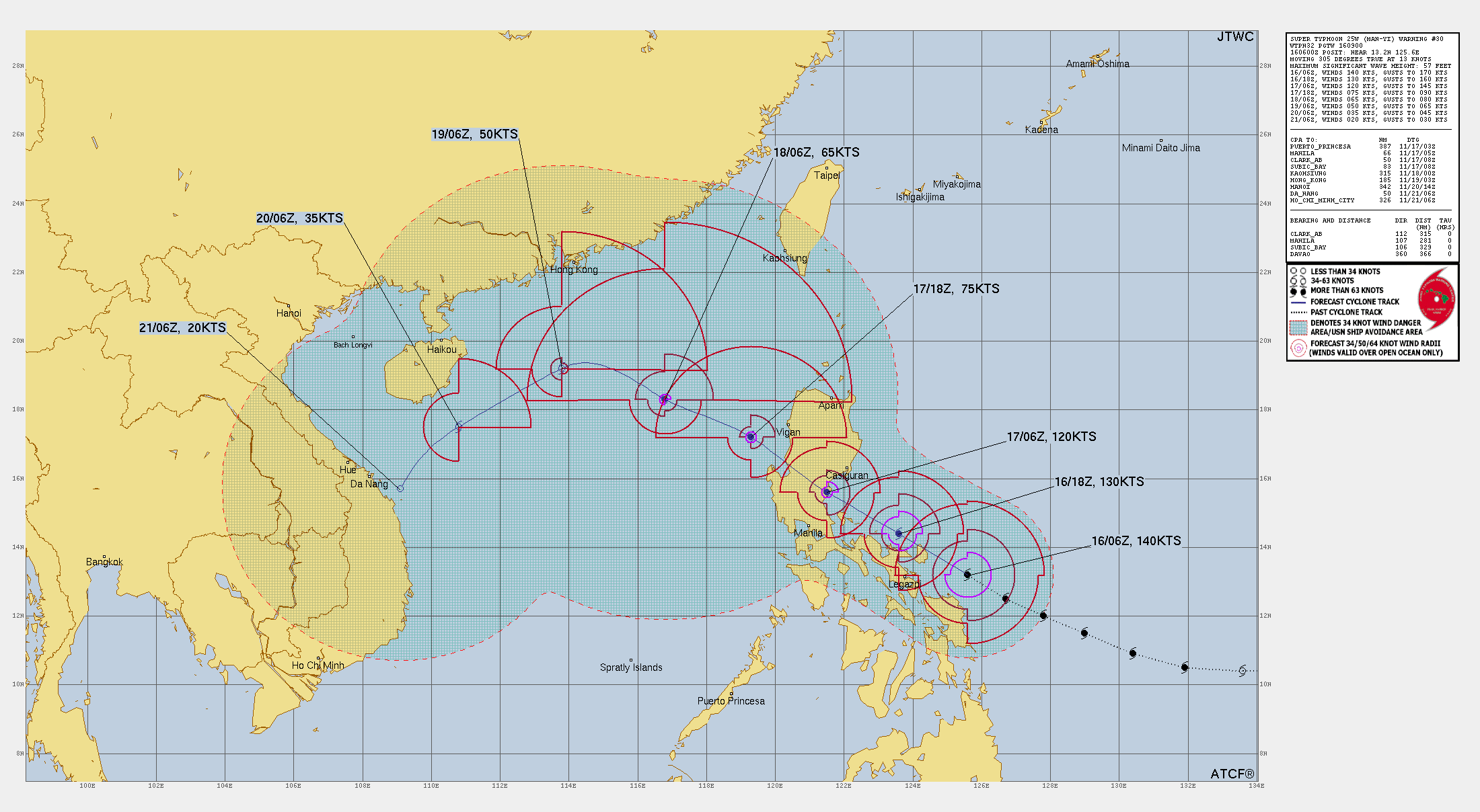 FORECAST REASONING.  SIGNIFICANT FORECAST CHANGES: THERE ARE NO SIGNIFICANT CHANGES TO THE FORECAST FROM THE PREVIOUS WARNING.  FORECAST DISCUSSION: STY 25W WILL CONTINUE TO TRACK NORTHWESTWARD ALONG THE SOUTHWEST SIDE OF THE STEERING RIDGE FOR THE NEXT 36 TO 48 HOURS. LANDFALL ALONG THE NORTHEASTERN COAST OF CATANDUANES ISLAND IS EXPECTED WITHIN THE NEXT FEW HOURS. THE SYSTEM WILL THEN SKIRT JUST NORTH OF PALILLO ISLAND BEFORE MAKING A SECOND LANDFALL BETWEEN DINGALAN AND BALER, ON THE EAST COAST OF LUZON. THE SYSTEM WILL THEN CROSS LUZON, LIKELY TRACKING ALONG THE SOUTHERN EDGE OF THE CORDILLERA CENTRAL RANGE, PASS JUST SOUTH OF BAGUIO, THEN EMERGE BACK OVER WATER VIA THE LINGAYEN GULF. BY TAU 48, THE SYSTEM WILL RUN HEAD-FIRST INTO A STRONG COLD SURGE EVENT, PRECIPITATED BY A 1045MB HIGH THAT MOVES INTO MANCHURIA OVER THE NEXT COUPLE OF DAYS, AND SLOW DOWN SIGNIFICANTLY. IN THE NEAR-TERM, THE SYSTEM SHOWS NO SIGNS OF WEAKENING AND WILL LIKELY MAKE LANDFALL AT CATANDUANES AS A 140 KNOT SUPER TYPHOON. AFTER PASSING THE ISLAND, THE SYSTEM WILL SLOWLY WEAKEN DUE TO TERRAIN INTERACTIONS AND AS IT PASSES OVER SLIGHTLY COOLER, LOWER OHC WATERS. STY 25W WILL STILL BE A VERY STRONG TYPHOON WHEN IT MAKES ITS SECOND LANDFALL, BETWEEN 120-130 KNOTS. MOVEMENT ACROSS OR VERY NEAR TO THE VERY RUGGED TERRAIN OF NORTHERN LUZON WILL TEAR UP THE VORTEX, AND COMBINED WITH A MODEST INCREASE IN SOUTHEASTERLY SHEAR, WILL LEAD TO RAPID WEAKENING THROUGH TAU 36. ONCE BACK OVER OPEN WATER, THE SYSTEM SLOWLY WEAKENS THROUGH TAU 48 DUE TO INCREASING SHEAR. AFTER TAU 48, THE SYSTEM WILL FACE RAPIDLY INCREASING SOUTHWESTERLY SHEAR WHICH WILL DECAPITATE THE VORTEX AND SMOTHER IT WITH DRY AIR, MARKING THE BEGINNING OF RAPID WEAKENING. THE SYSTEM WILL TURN SOUTHWESTWARD ALONG THE LOW-LEVEL FLOW LINES, WHILE CONTINUING TO RAPIDLY WEAKENING WITH FULL DISSIPATION EXPECTED NO LATER TAU 120 AND POTENTIALLY AS EARLY AS TAU 96.