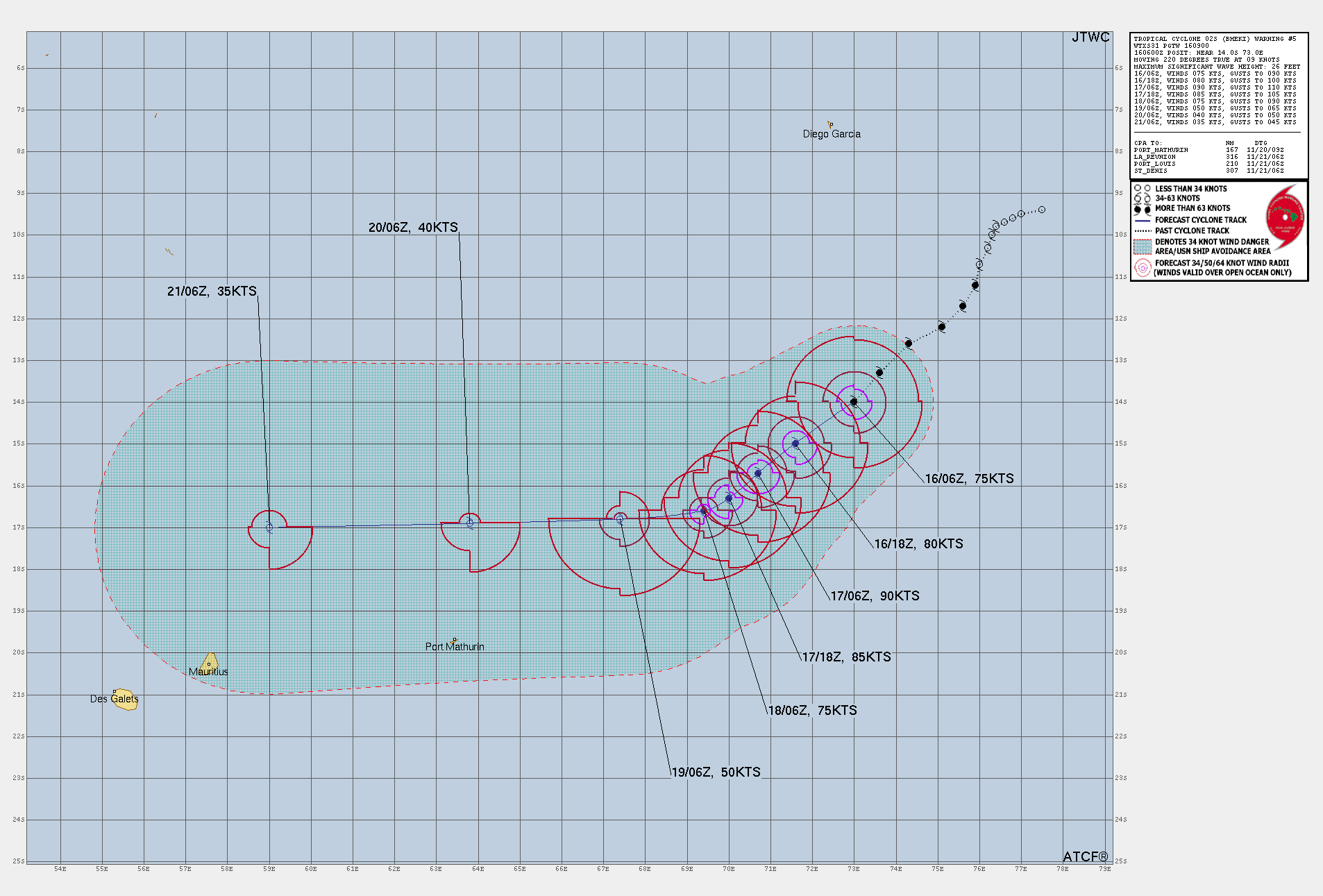 FORECAST REASONING.  SIGNIFICANT FORECAST CHANGES: THERE ARE NO SIGNIFICANT CHANGES TO THE FORECAST FROM THE PREVIOUS WARNING.  FORECAST DISCUSSION: TC 02S IS FORECASTED TO TRACK TO THE SOUTHWEST ALONG THE WESTERN PERIPHERY OF THE STR DIRECTLY TO THE EAST UNTIL TAU 48, AS A SHORTWAVE TROUGH ASSOCIATED WITH THE MID-LATITUDE WESTERLIES ASSISTS IN THE SOUTHWESTWARD PULL TOWARD LATITUDE 18S. AS THE SYSTEM TRACKS SOUTHWEST, A SOUTHEAST TO NORTHWEST ORIENTED STR BEGINS TO BUILD JUST SOUTHWEST OF TC BHEKI. FOLLOWING TAU 48, THE STR THAT BEGINS TO BUILD TO THE SOUTHWEST FLATTENS OUT THE TRACK, FORCING THE TROPICAL CYCLONE ON A GENERALLY WESTWARD TRACK UNTIL TAU 120. WITH REGARD TO INTENSITY, TC 02S IS EXPECTED TO CONTINUE INTENSIFYING UNTIL TAU 24 DURING THE APPROACH TOWARD THE STR AXIS. FOLLOWING TAU 24, SSTS BEGIN TO DROP TO LESS THAN 26 C, STARTING THE INITIAL WEAKENING PHASE. AS TC BHEKI CONTINUES SOUTHWESTWARD AFTER TAU 24, VWS INCREASES TO ABOVE 20 KTS, WEAKENING THE SYSTEM TO 75 KTS BY TAU 48. AT TAU 48, DRY AIR ENTRAINMENT INTO THE CORE AND VWS ABOVE 30 KTS WILL CONTINUE TO STEADILY ERODE THE TROPICAL CYCLONE, WITH FORECASTED INTENSITIES TO 35 KTS BY THE END OF THE FORECAST PERIOD AS THE ENVIRONMENT BECOMES NON-CONDUCIVE FOR TROPICAL CYCLONE SUSTAINMENT.