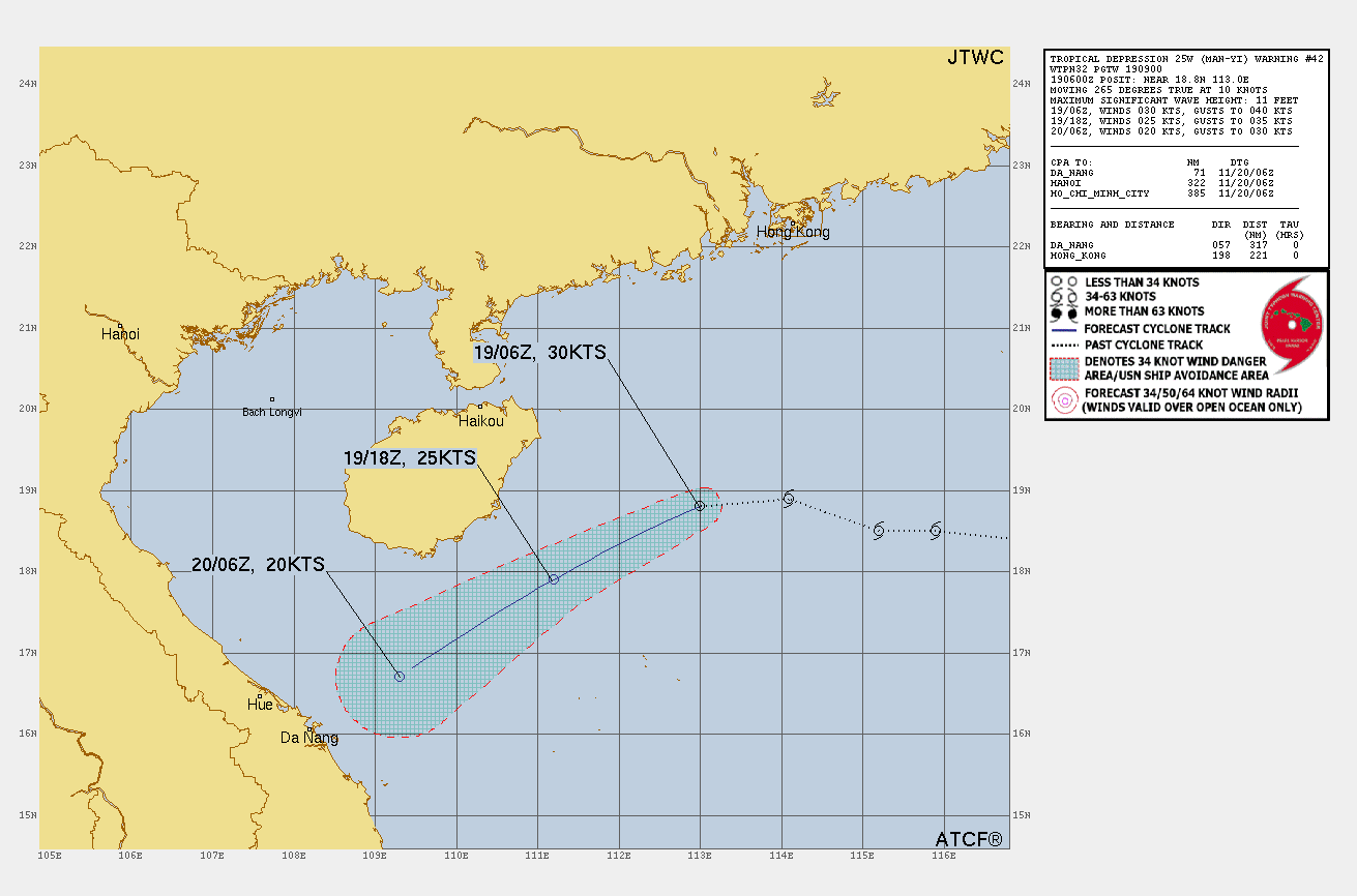 FORECAST REASONING.  SIGNIFICANT FORECAST CHANGES: THERE ARE NO SIGNIFICANT CHANGES TO THE FORECAST FROM THE PREVIOUS WARNING.  FORECAST DISCUSSION: TD 25W WILL TRACK SOUTHWESTWARD UNDER THE STEERING INFLUENCE OF THE 850MB RIDGE TO THE NORTHWEST. THE UNFAVORABLE ENVIRONMENT WILL FURTHER ERODE THE SYSTEM, LEADING TO DISSIPATION BY TAU 24, LIKELY SOONER.