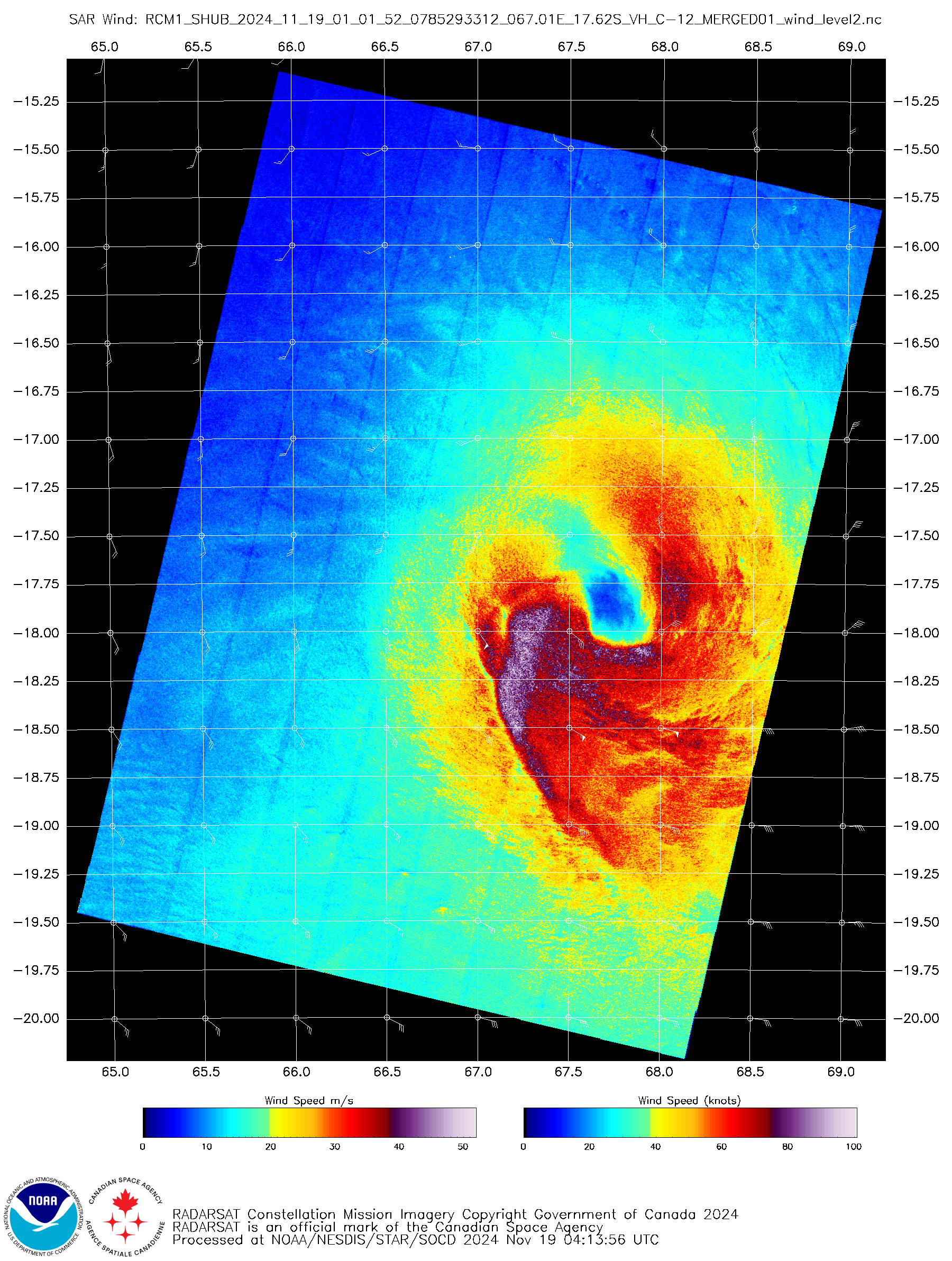 Platform: RCM-1 Acquisition Date: 2024-11-19 01:01:52 UTC Storm Name: SH022025 / BHEKI Storm ID: SH02 Storm Center Longitude: 67.730 Storm Center Latitude: -17.848 Incidence Angle (Degrees): 40.748 Quadrant 1 NE VMax (kts): 75.37 Quadrant 2 SE VMax (kts): 84.51 Quadrant 3 SW VMax (kts): 86.47 Quadrant 4 NW VMax (kts): 66.03 RMax (nmi): 17.00 - 30.00