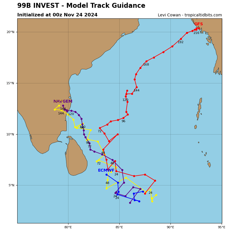 GLOBAL DETERMINISTIC MODELS ARE IN GOOD  AGREEMENT THAT INVEST 99B WILL CONTINUE TO SLOWLY CONSOLIDATE AS IT  TRACKS TOWARDS THE SOUTHEASTERN COAST OF INDIA.