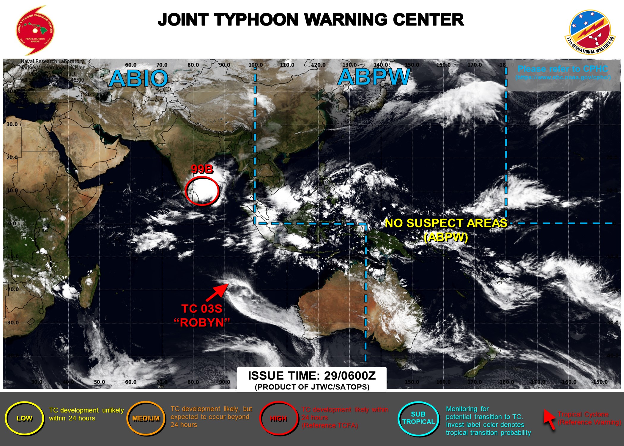 JTWC IS ISSUING 12HOURLY WARNINGS AND 3HOURLY SATELLITE BULLETINS ON 03S(ROBYN) AND 3HOURLY SATELLITE BULLETINS ON 99B.