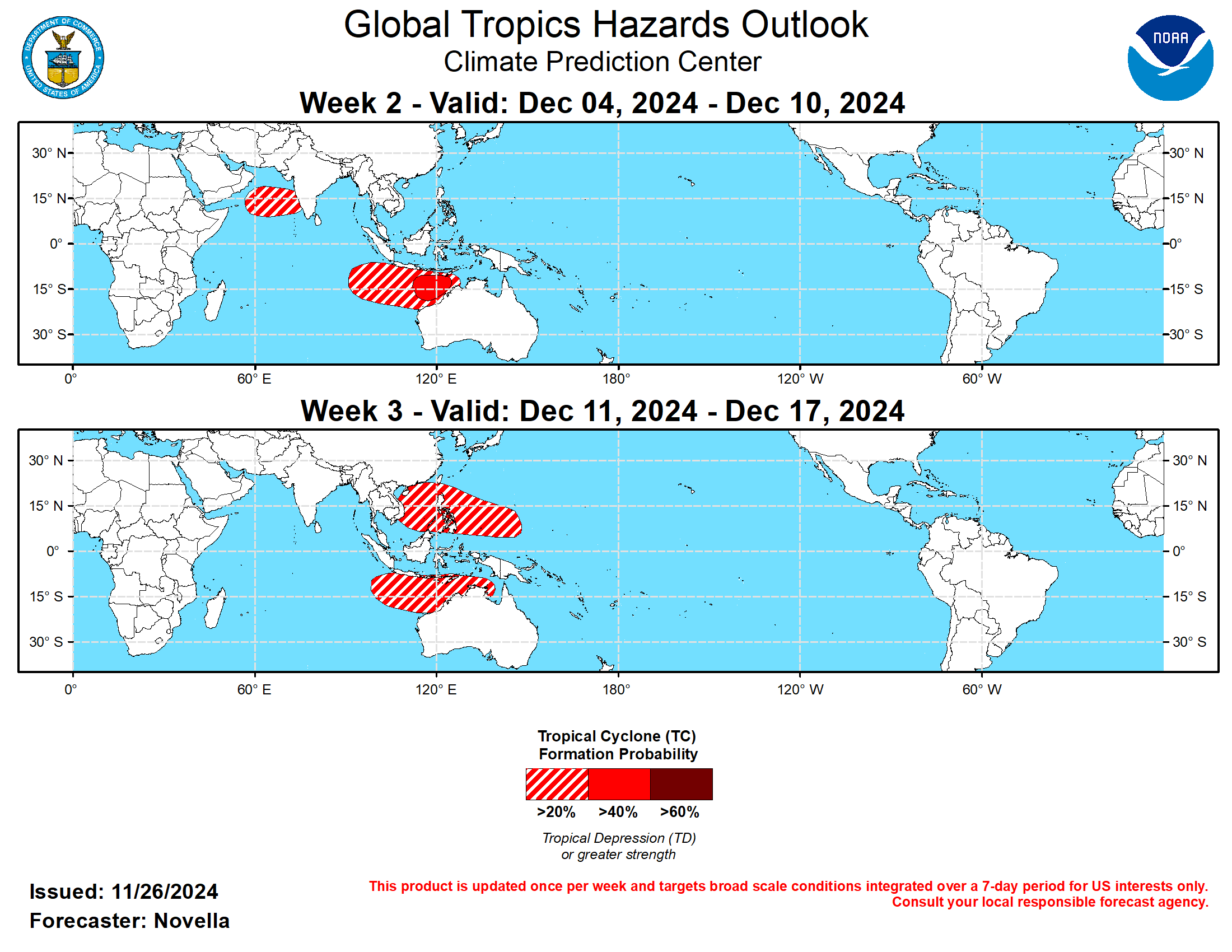 GTH Outlook Discussion Last Updated - 11/26/24 Valid - 12/04/24 - 12/17/24 ﻿Since becoming briefly disorganized over the Western Hemisphere earlier this month, both RMM and upper-level velocity potential anomaly observations show the MJO regaining amplitude with the enhanced phase propagating eastward over the Indian Ocean during the past week. Notably, the strengthening of the suppressed MJO envelope over the Pacific not only led to a break in Tropical Cyclone (TC) activity in the western Pacific basin, but also contributed to a broadening of anomalous lower-level easterlies along the equator (approximately from 120E to 120W), where an enhanced trade regime may help to enliven a La Nina base state later this year and into 2025.  Looking ahead, there is good agreement in the dynamical models favoring continued eastward propagation of the MJO into and across the Maritime Continent, but there are some discrepancies in the guidance in regards to the evolution and coherence of subseasonal activity as the enhanced phase nears the Western Pacific later in December. Upper-level velocity potential anomaly forecasts depict the pattern becoming more disorganized by early December, with a low frequency response taking shape over the Maritime Continent. Similarly, lower-level zonal wind forecasts feature more persistent anomalies, suggestive of the Maritime Continent Barrier effect. However, a more progressive westerly phase of the MJO favored aloft in the models may advect less diffluent background flow, and help maintain the passage of the MJO into the Western Pacific. This realization is supported in the RMM forecasts with more ensemble members in recent runs crossing the Western Pacific, with the GEFS depicting several robust members in RMM space. The thinking is that this is likely significant, as the GEFS has been prone to stalling the MJO over the Maritime Continent based on a recent verification study. Although the amplitude of the MJO remains somewhat a question over time, the continuation of subseasonal activity expected over the Maritime Continent and into Western Pacific brings increased chances for TC development over the eastern Indian Ocean and parts of the Western Pacific during the next several weeks. It is also worth noting that while extratropical responses typically associated with Indian Ocean MJO events predominately favor warmer than normal temperatures for much of the central and eastern CONUS during boreal autumn, there are previous instances where a faster Rossby wave response from enhanced Indian Ocean convection shifting into the Maritime Continent resulted in more amplified ridging over the western U.S. and forced a downstream trough to induce anomalously colder temperatures over the eastern U.S, which is consistent with the model guidance over North America heading into early December.  No TCs formed during the past week. For week-1, models continue to agree on a Westerly Wind Burst (WWB) event in the equatorial Indian Ocean (near 90E) where twin TCs (99B and 96S) are favored to form on both sides of the equator according to the Joint Typhoon Warning Center (JTWC). For 99B that is likely to form within the next day or so, models show the disturbance slowly tracking northeastward towards eastern India, though some deterministic and ensemble solutions from the ECWMF favor the low crossing India and possibly redeveloping over the Arabian Sea by the start of week-2. While the GEFS keeps the mean low over the Bay of Bengal, 20% chances for TC formation are posted to the west of India to capture this potential. Tied to the active MJO, strongly anomalous lower-level westerlies are favored to protrude eastward into the Maritime Continent, supporting TC development over the Bay of Bengal, South China Sea and the southeastern Indian Ocean. Although probabilistic tools maintain genesis signals north of the equator, the shearing environment may be too unfavorable, and there are lesser signs for low development to support any corresponding TC shapes in the week-2 outlook. However, based on continued good support in the guidance south of the equator, 40% chances are issued for week-2 to the north of western Australia, with a broad area of 20% chances extending westward to approximately 95E. For week-3, an eastward propagating MJO from phase 5 into phase 6 historically supports TC development in western Pacific, north of Australia, with odds increasing into the South Pacific based on MJO composites for Nov-Jan. Despite a quieter climatology for TC activity in the western Pacific during December, extended range probabilistic tools show increased chances for development across the South China and Philippine Seas, as well as to the north of Australia where 20% chances are issued. Genesis signals are evident in the probabilistic tools over the South Pacific during week-3, however these signals appear too modest and varied in space to support a corresponding TC shape at this time.