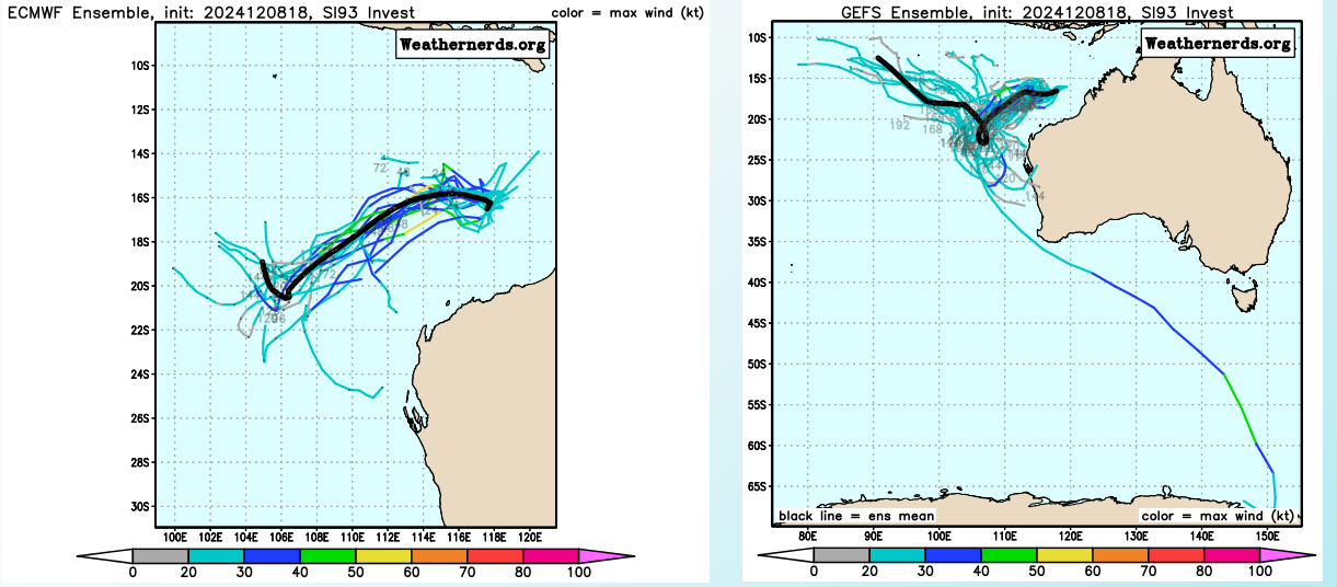 GLOBAL MODELS INDICATE THAT INVEST 93S WILL  CONTINUE TO CONSOLIDATE OVER THE NEXT 24 HOURS, WITH NAVGEM BEING THE  MOST AGGRESSIVE, REACHING WARNING THRESHOLD BY 48 HOURS. AS FOR THE  ENSEMBLE GUIDANCE, GEFS AND ECENS ARE SPLIT WITH ECENS BEING THE MOST  AGGRESSIVE COMPARED TO GEFS WHICH SHOWS ONLY VERY FEW MEMBERS  FORECASTING DEVELOPMENT.