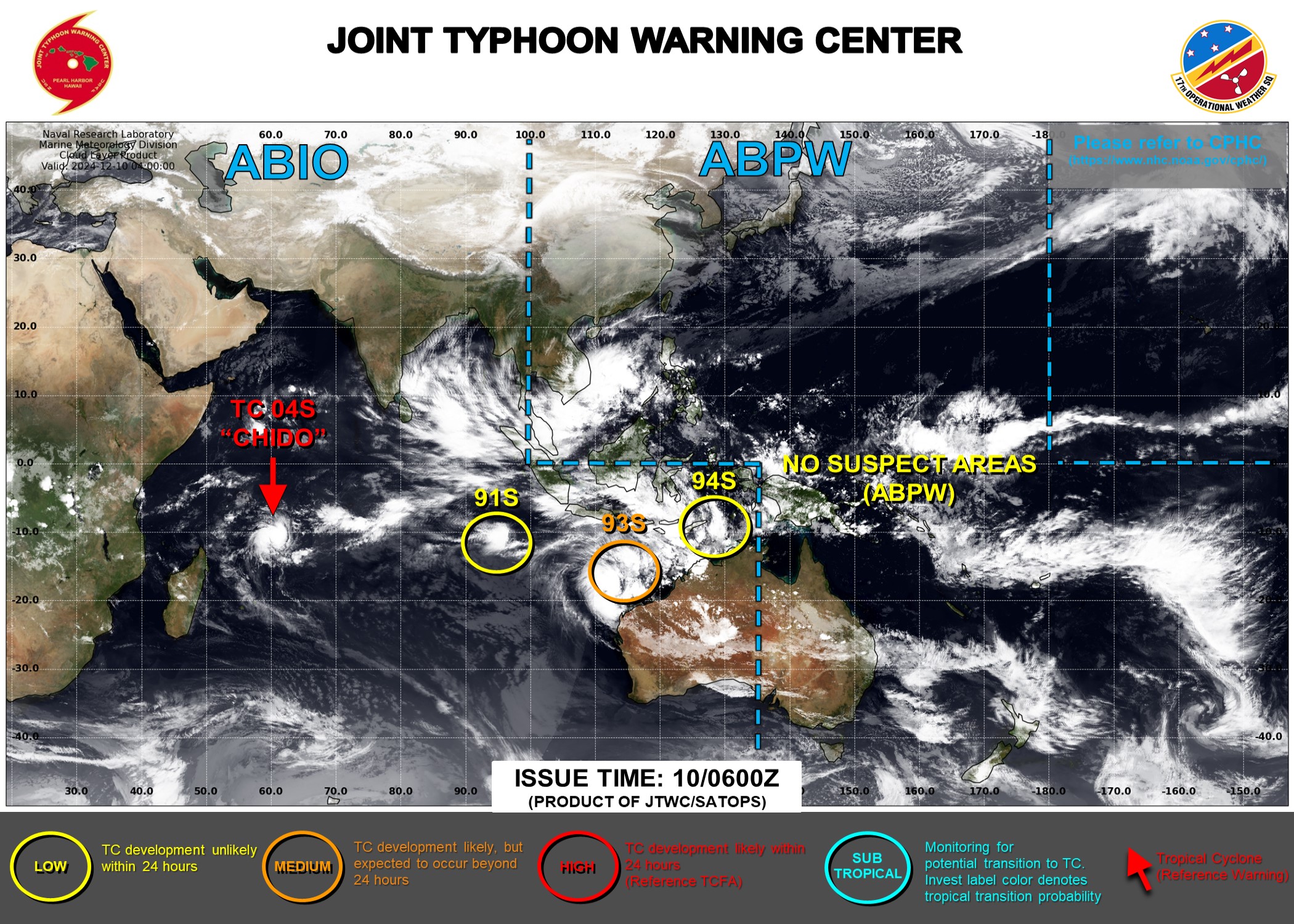 JTWC IS ISSUING 12HOURLY WARNINGS AND 3HOURLY SATELLITE BULLETINS ON 04S(CHIDO) AND 3OURLY SATELLITE BULLETIN ON 91S,93S,94S AND 90B.