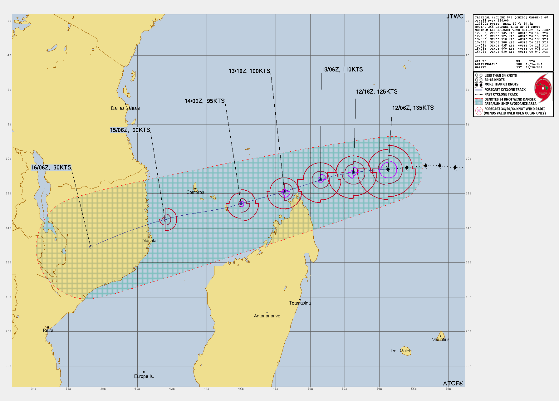 FORECAST REASONING.  SIGNIFICANT FORECAST CHANGES: CURRENT INTENSITY EXCEEDS PREVIOUSLY EXPECTED INTENSITY BY 10 KTS. THERE ARE NO OTHER SIGNIFICANT CHANGES FROM THE PREVIOUS FORECAST.  FORECAST DISCUSSION: TC 04S IS FORECASTED TO CONTINUE TRACKING GENERALLY WEST-SOUTHWESTWARD ALONG THE NORTHWESTERN PERIPHERY OF A SUBTROPICAL RIDGE LOCATED DIRECTLY TO THE SOUTH. BETWEEN TAU 24 AND TAU 36, CHIDO IS EXPECTED TO MOVE JUST NORTH OF THE NORTHERN MOST TIP OF MADAGASCAR. FOLLOWING TAU 36, THE TC WILL CONTINUE WEST-SOUTHWESTWARD, ALONG THE WESTWARD EXTENT OF THE AFOREMENTIONED RIDGE BUILDING INTO SOUTHERN MOZAMBIQUE. AFTER TAU 48, TC CHIDO WILL MOVE ANTICYCLONICALLY TOWARD THE SUBTROPICAL RIDGE AXIS, MAKING LANDFALL JUST AFTER TAU 72 AND NORTH OF NACALA, MOZAMBIQUE. BETWEEN TAU 72 AND TAU 96, TC 04S IS EXPECTED TO DISSIPATE AS THE SYSTEM MOVES INLAND. WITH REGARD TO INTENSITY, THE SYSTEM IS EXPECTED TO HAVE REACHED MAXIMUM INTENSITY OVER THE LAST FEW HOURS, WITH ITS INITIAL WEAKENING PHASE BEGINNING IMMINENTLY. WITH THAT BEING SAID, THE TC 04S IS FORECASTED TO ENCOUNTER AN INCREASE IN VWS INTO TAU 48 (20-25 KTS FROM THE EAST), ERODING THE SYSTEM TO 95 KTS DURING ITS WEST-SOUTHWESTWARD TRACK WEST OF NORTHERN MADAGASCAR. ALTHOUGH VWS WILL INITIALLY WEAKEN THE SYSTEM, TC CHIDO IS EXPECTED TO MAINTAIN A RELATIVELY HIGH INTENSITY OF 60 KTS JUST BEFORE MAKING LANDFALL AFTER TAU 72. AFTER LANDFALL, THE OVERALL INTENSITY WILL WEAKEN TO 30 KTS BY TAU 96 DUE TO INTERACTION WITH THE LOCAL TERRAIN.