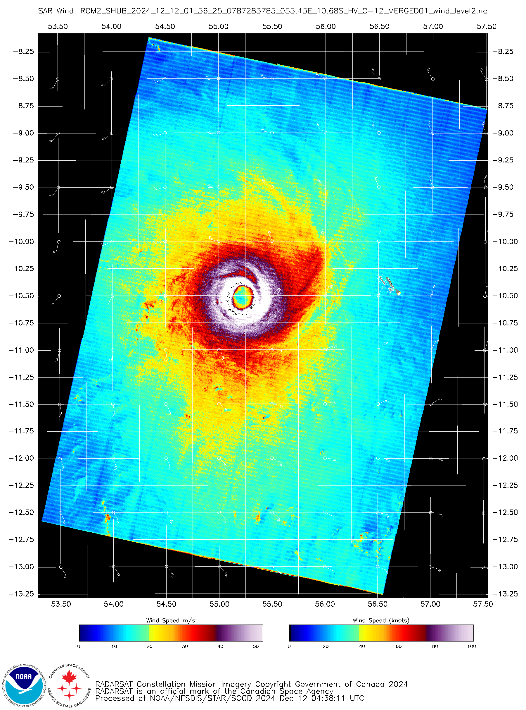 Platform: RCM-2 Acquisition Date: 2024-12-12 01:56:25 UTC Storm Name: SH042025 / CHIDO Storm ID: SH04 Storm Center Longitude: 55.198 Storm Center Latitude: -10.522 Incidence Angle (Degrees): 41.961 Quadrant 1 NE VMax (kts): 128.52 Quadrant 2 SE VMax (kts): 125.50 Quadrant 3 SW VMax (kts): 125.28 Quadrant 4 NW VMax (kts): 131.09 RMax (nmi): 9.00 - 9.00