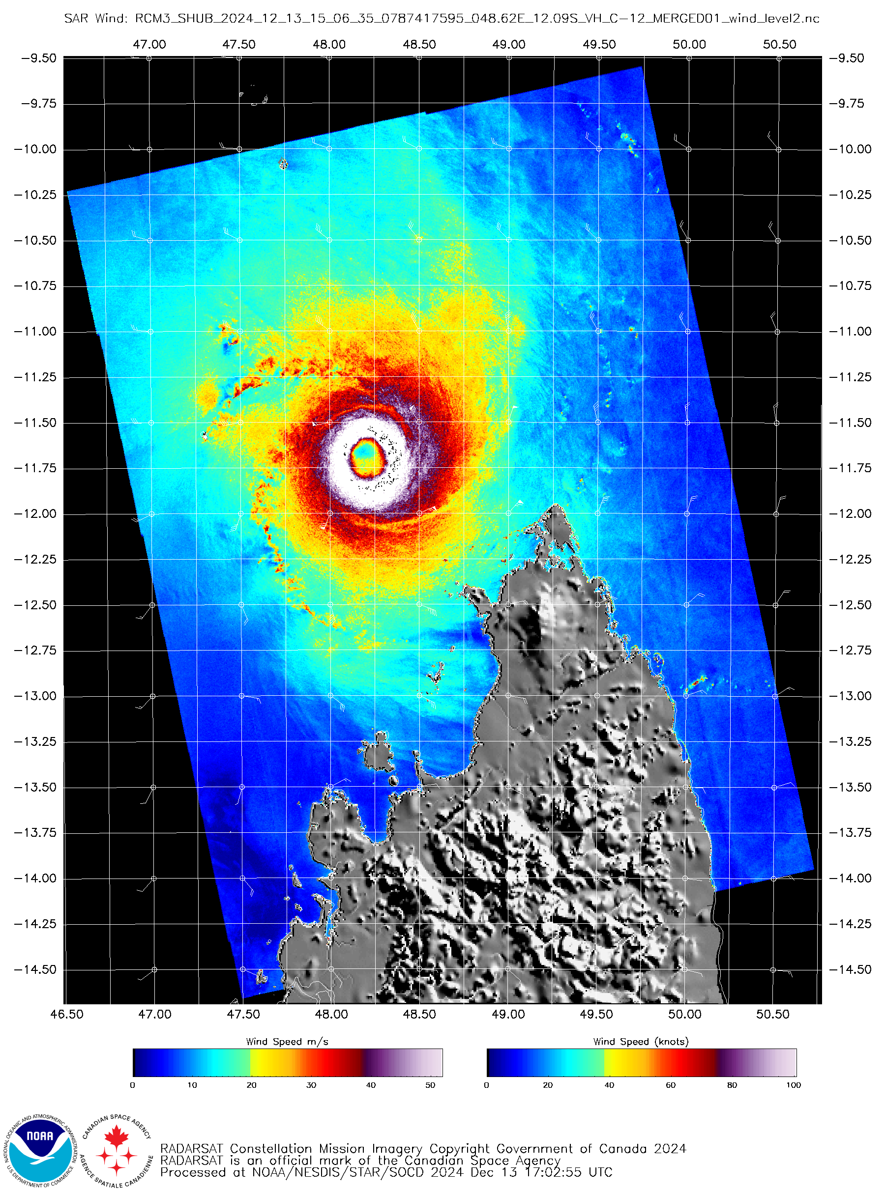 Platform: RCM-3 Acquisition Date: 2024-12-13 15:06:35 UTC Storm Name: SH042025 / CHIDO Storm ID: SH04 Storm Center Longitude: 48.191 Storm Center Latitude: -11.659 Incidence Angle (Degrees): 30.585 Quadrant 1 NE VMax (kts): 132.39 Quadrant 2 SE VMax (kts): 131.79 Quadrant 3 SW VMax (kts): 127.57 Quadrant 4 NW VMax (kts): 126.97 RMax (nmi): 6.00 - 12.00