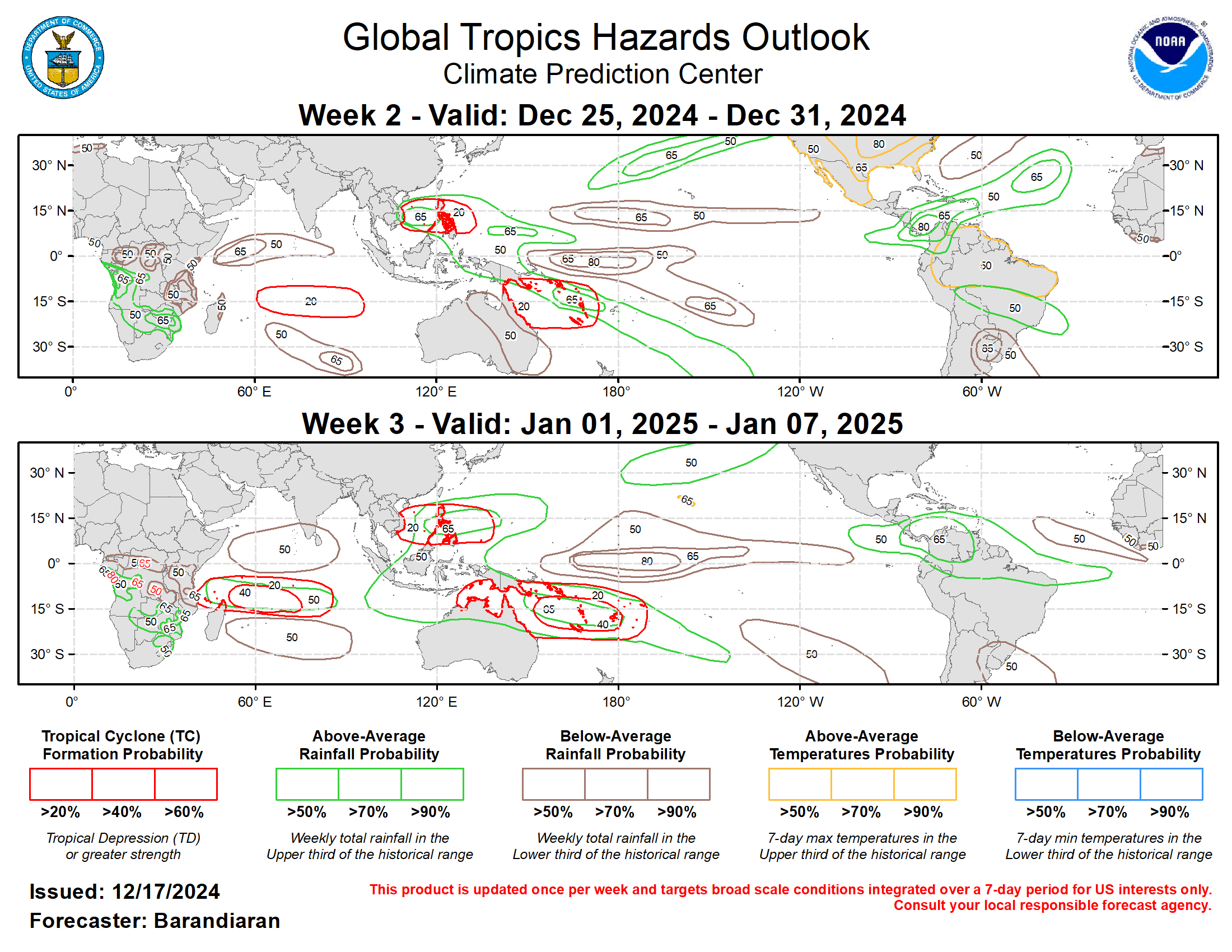 The precipitation outlook for weeks 2 and 3 is based on potential TC activity, the anticipated state of ENSO and the MJO, and informed by GEFS, CFS, Canadian, and ECMWF ensemble mean solutions. During week-2 above-normal temperatures are indicated for much of northern South America, and strongly favored for much of the CONUS and Mexico, as well as the Hawaiian Island. For hazardous weather conditions in your area during the coming two-week period, please refer to your local NWS office, the Medium Range Hazards Forecast produced by the Weather Prediction Center, and the CPC Week-2 Hazards Outlook. Forecasts made over Africa are made in coordination with the International Desk at CPC.