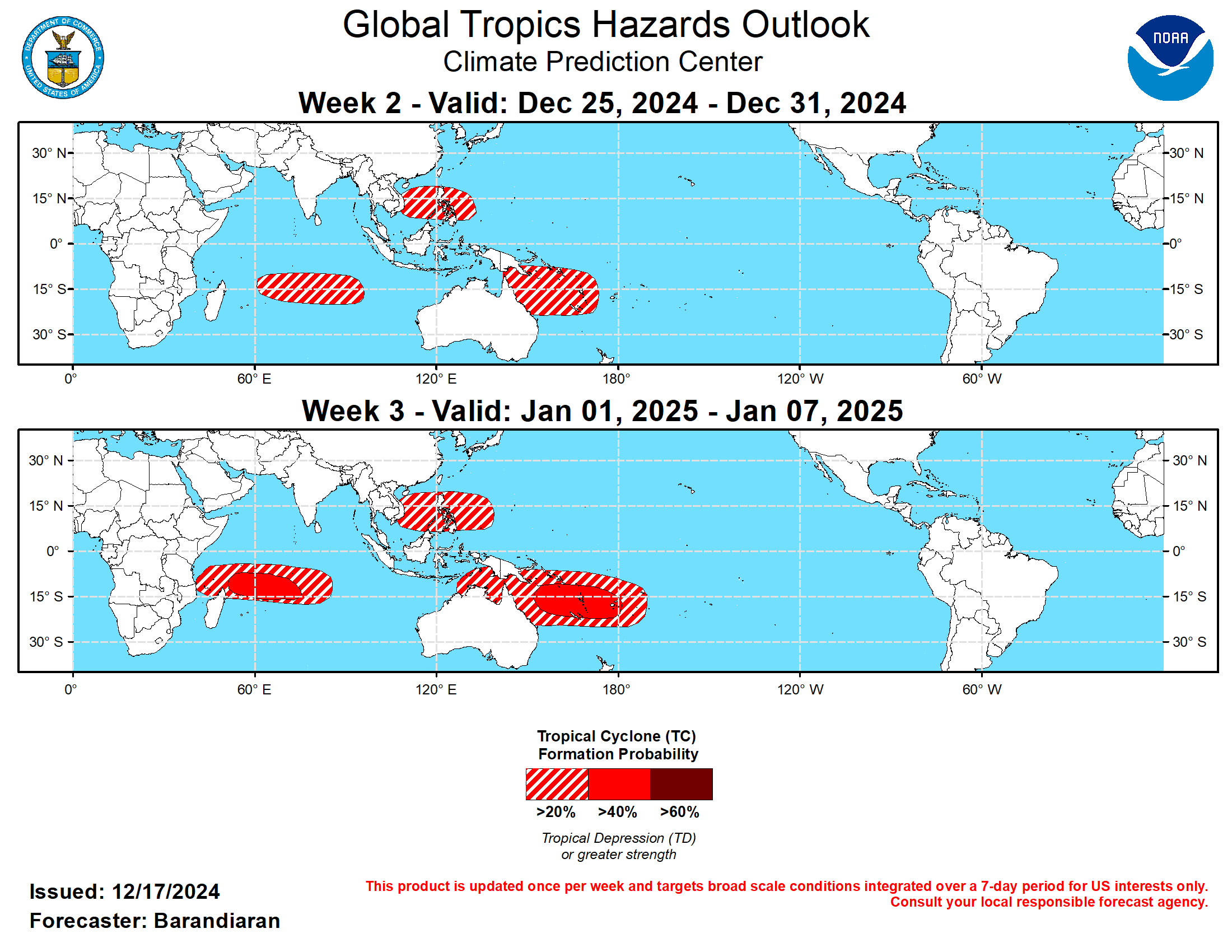 GTH Outlook Discussion Last Updated - 12/17/24 Valid - 12/25/24 - 01/07/25 The MJO has continued to be a significant player in the tropics. However, the emerging La Niña base state has been a growing source of interference with both the propagation and amplitude of the MJO. Dynamical model forecasts depict continued eastward propagation of the MJO signal with a slow phase. Extended range RMM-index solutions indicate the potential for a surge in the strength of the MJO during weeks 3&4 as it shifts into the Western Hemisphere and La Niña interference lessens. A continued eastward MJO propagation over the Pacific would favor a period of below-normal temperatures across the northeastern U.S. to start off the New Year, as well as a wet start for the West Coast.  During the last week a sub-tropical system formed off the southern coast of Brazil, and was named Bigua by the Brazilian navy. While its status as a tropical cyclone (TC) is somewhat ambiguous, systems of this kind are rare in the South Atlantic and thus is a noteworthy inclusion to the weekly summary of TC activity. Other than this system, there has been no TC activity over the last week, although the Joint Typhoon Warning Center (JTWC) is monitoring an area of disturbed weather designated 96W, just east of the Philippines for TC development, which is favored to occur in the very near future. Please refer to the JTWC for more information regarding potential TC 96W.  With the MJO forecast to be in phases 6-8 (Western Pacific/Western Hemisphere) during the forecast period, the northern coast of Australia and the South Pacific are favored to be active regions for TC activity during weeks 2-3. For both weeks the ECMWF and GEFS depict steadily increasing probabilities of TC genesis in these regions, with a slight risk (20% probability) of TC genesis off northeast coast of Australia and the South Pacific for both weeks, with a moderate risk (40%) posted for the South Pacific during week-3. A slight risk for TC genesis is also posted for the South China Sea portions of the Philippine Sea for both weeks due to favorable MJO positioning. Finally, a slight risk of TC genesis is posted for weeks 2&3 for the southwestern Indian Ocean with continued anomalous westerlies favored to persist through the forecast period. A moderate risk of TC genesis is posted for week-3 northeast of Madagascar, as the MJO moves into the Western Hemisphere, providing a more favorable environment for TC development over the region. MJO teleconnections generally favor wetter conditions for portions of the Pacific Northwest, and initially favor warm conditions over much of the Contiguous U.S. (CONUS). Extended RMM forecasts indicate that eastward propagation is favored to continue beyond week 3, colder conditions become favored over the Northeast U.S. as the MJO moves into phase 8.