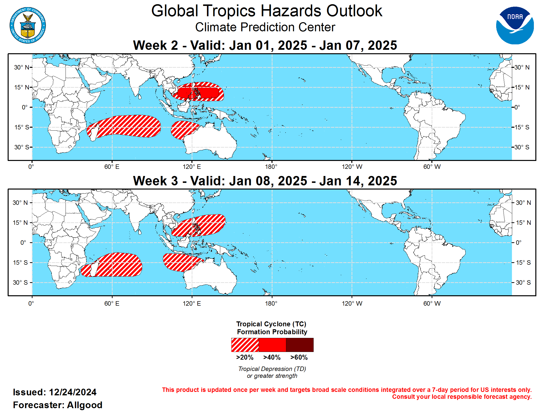 Recent observations indicate that the intraseasonal Madden-Julian Oscillation (MJO) remains active. Interference from both the low frequency base state and equatorial Rossby wave activity over the Maritime Continent have slowed the eastward propagation of the MJO signal considerably during the past two weeks. In fact, the CPC upper-level velocity potential based index reflects westward movement since mid-December due to the robust Rossby wave projection. Both a potentially developing La Niña event across the central Pacific and an unusually late negatively phased Indian Ocean Dipole (-IOD) event are contributing to a low frequency enhanced convective signal over the Maritime Continent, with a Rossby wave constructively interfering, while the MJO is currently propagating across the Pacific with destructive interference from the base state. Dynamical model MJO index forecasts show a fairly fast transition from the slowly propagating index to a signal over the east-central Pacific. Additional Rossby wave activity over the East Pacific, likely driven by extratropical wavebreaking onto the Equator, will help to break down the enhanced trade wind regime over the East Pacific, allowing the MJO signal to move past the destructive interference and continue propagating towards the Western Hemisphere. Dynamical models vary on the amplitude of the MJO signal over the subsequent two weeks as it crosses the Western Hemisphere and potentially returns to the Indian Ocean, with most ensemble members gradually weakening the signal. Interestingly, the suppressed phase of the MJO seems insufficient to reverse the low-level westerly wind anomalies across the Indian Ocean. Due to this persistent -IOD structure, enhanced convection is favored to persist across portions of the Indian Ocean basin and Maritime Continent despite any MJO influence. MJO activity teleconnects effectively into the northern hemisphere midlatitude pattern during the boreal winter months, with Pacific events tied to pattern changes favoring a transition towards negatively phased NAO (North Atlantic Oscillation) blocking events and increased troughing over the eastern US. A pattern flip reflecting these signals appears likely to occur in early January.  One tropical cyclone developed during the past week, Tropical Storm Pabuk, which formed on 23 December over the South China Sea. Currently downgraded to a tropical depression, Pabuk is forecast to meander close to the southern coast of Vietnam before dissipating under unfavorable atmospheric conditions. During the Week-2 period, despite an unfavorable positioning of the MJO suppressed phase, the low frequency base state may help contribute to tropical cyclone development in a few basins. There is a 40-percent chance of development indicated in the vicinity of the Philippines, either over the northwestern Pacific or the South China Sea. Additionally, there is good model support for a potential tropical cyclone developing over the southern Indian Ocean, though ensemble members are not clustering on a single location. Development is also possible in the vicinity of the Kimberley Coast of Australia, though this region has the lowest confidence. Tropical cyclone development in all of these same regions remains possible during Week-3, with 20-percent chances depicted. As the remnant MJO signal returns to the Indian Ocean, its destructive interference will gradually decrease.