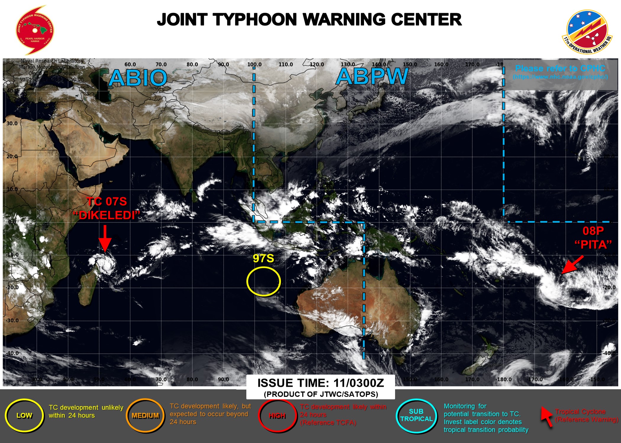 JTWC IS ISSUING 6 HOURLY WARNINGS AND 3 HOURLY SATELLITE BULLETINS ON 08P. 12 HOURLY WARNINGS AND 3 HOURLY SATELLITE BULLETINS ARE ISSUED ON 07S. 3 HOURLY SATELLITE BULLETINS ARE ISSUED ON 97S.