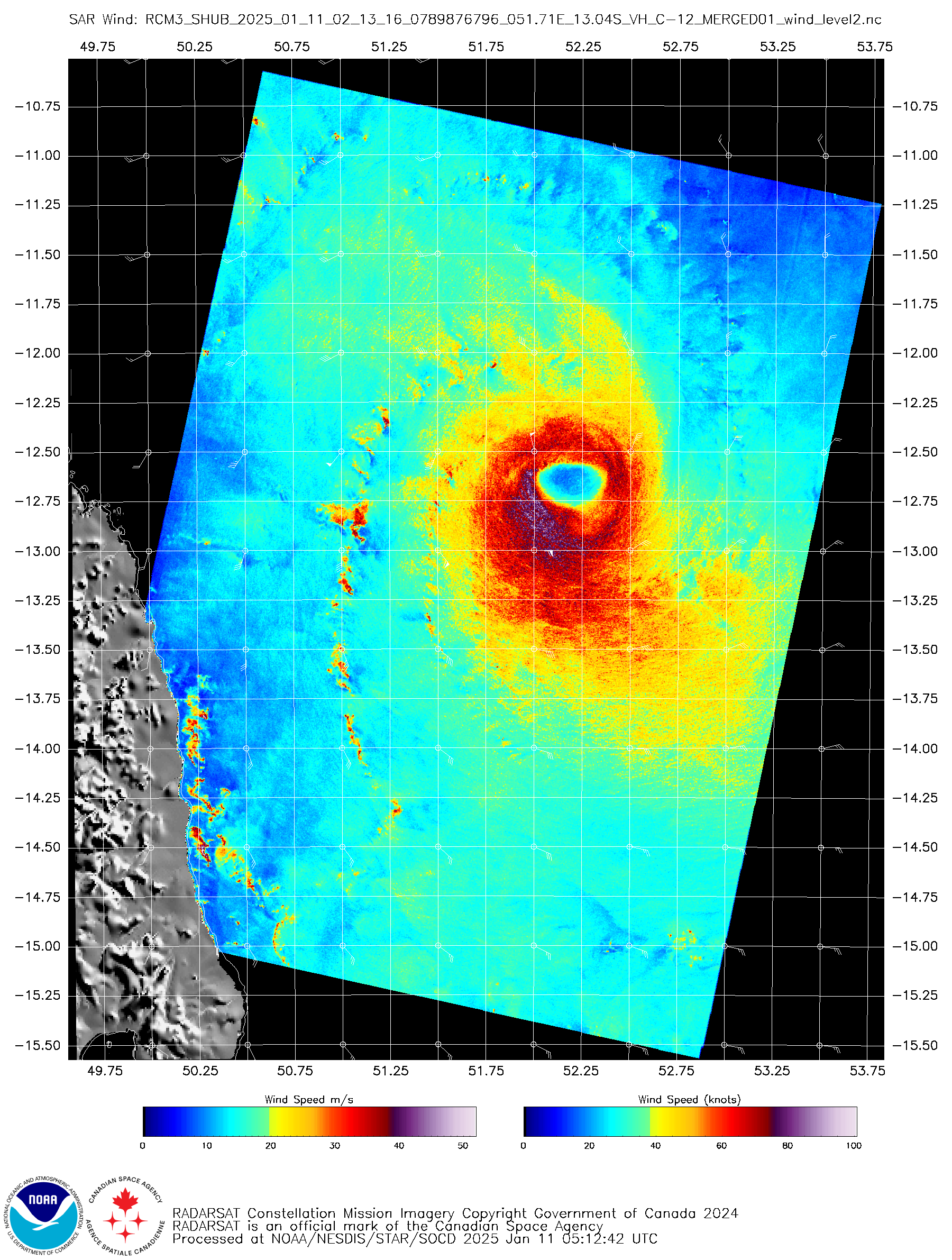 Platform: RCM-3 Acquisition Date: 2025-01-11 02:13:16 UTC Storm Name: SH072025 / DIKELEDI Storm ID: SH07 Storm Center Longitude: 53.296 Storm Center Latitude: -12.608 Incidence Angle (Degrees): 20.860 Quadrant 1 NE VMax (kts): N/A Quadrant 2 SE VMax (kts): 38.12 Quadrant 3 SW VMax (kts): 78.39 Quadrant 4 NW VMax (kts): 67.43 RMax (nmi): 33.00 - 76.00