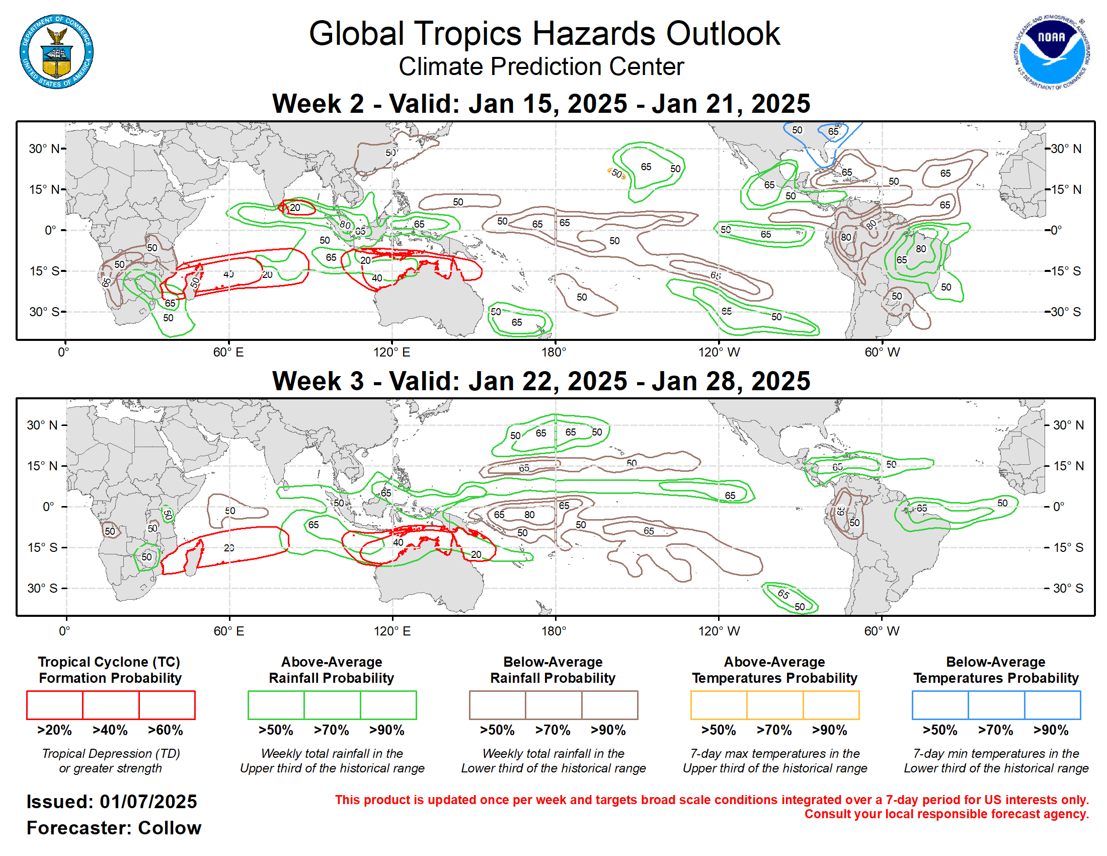 Above and below normal precipitation forecasts for weeks 2 and 3 are based on the anticipated continuation of low frequency variability (developing La Nina, -IOD), Indian Ocean MJO composites, anticipated TC tracks, and a skill weighted historical blend of CFSv2, GEFS, ECMWF ensemble forecast systems. The MJO propagation would favor moderation of temperatures across the eastern half of the contiguous U.S. (CONUS), although latest CPC outlooks (8-14 day and week 3-4) still favor below-normal temperatures over the central and eastern CONUS persisting through late January. However, it is plausible that a warmer pattern could begin to take shape by the end of the month based on lagged MJO composites .