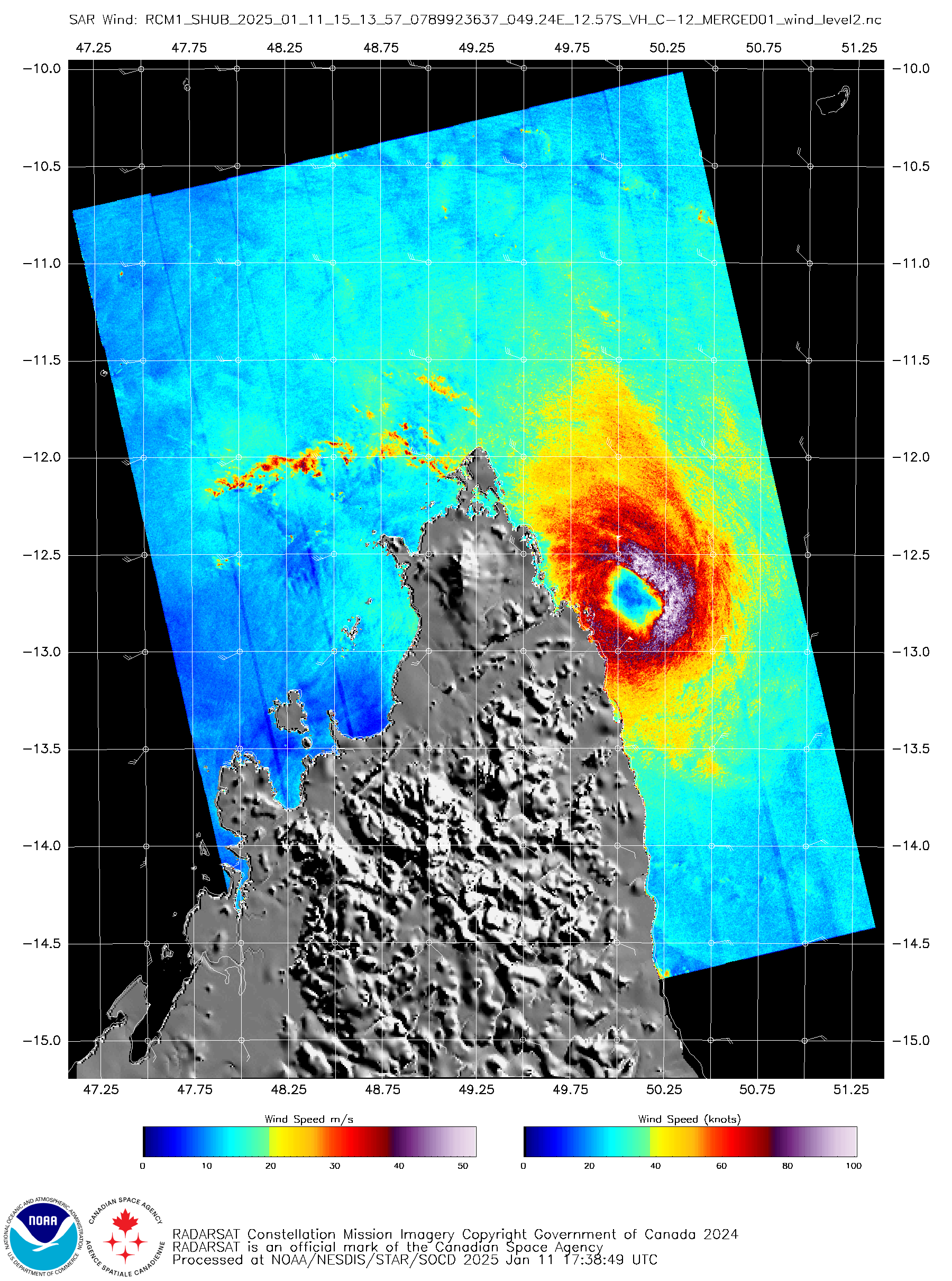 Storm Center Longitude: 50.080 Storm Center Latitude: -12.714 Incidence Angle (Degrees): 54.399 Quadrant 1 NE VMax (kts): 96.64 Quadrant 2 SE VMax (kts): 96.48 Quadrant 3 SW VMax (kts): 75.53 Quadrant 4 NW VMax (kts): 80.71 RMax (nmi): 11.00 - 14.00