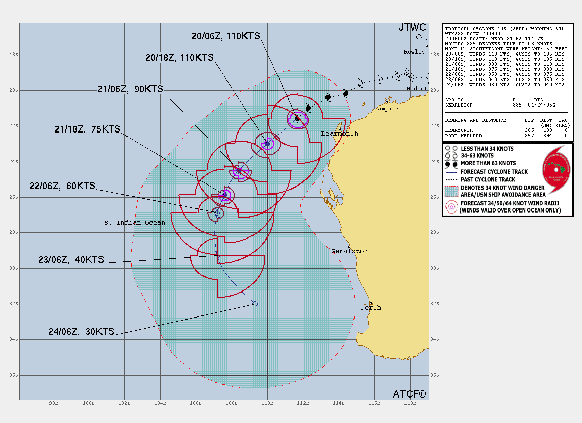 FORECAST REASONING.  SIGNIFICANT FORECAST CHANGES: THERE ARE NO SIGNIFICANT CHANGES TO THE FORECAST FROM THE PREVIOUS WARNING.  FORECAST DISCUSSION: TC SEAN WILL CONTINUE TO TRACK SOUTHWESTWARD THEN SOUTHWARD AROUND THE NORTHWESTERN THEN WESTERN PERIPHERY OF THE STEERING STR. THE FAVORABLE ENVIRONMENT WILL AT BEST MAINTAIN THE CURRENT INTENSITY UP TO TAU 12. AFTERWARD, A GRADUAL EROSION IS EXPECTED TO OCCUR WITH AN EYEWALL REPLACEMENT CYCLE EXPECTED TO COMMENCE. THIS, PLUS THE CONTINUED COOLING SST, INCREASING VWS AND, EVENTUALLY, DRY AIR INTRUSION WILL LEAD TO DISSIPATION BY TAU 96.