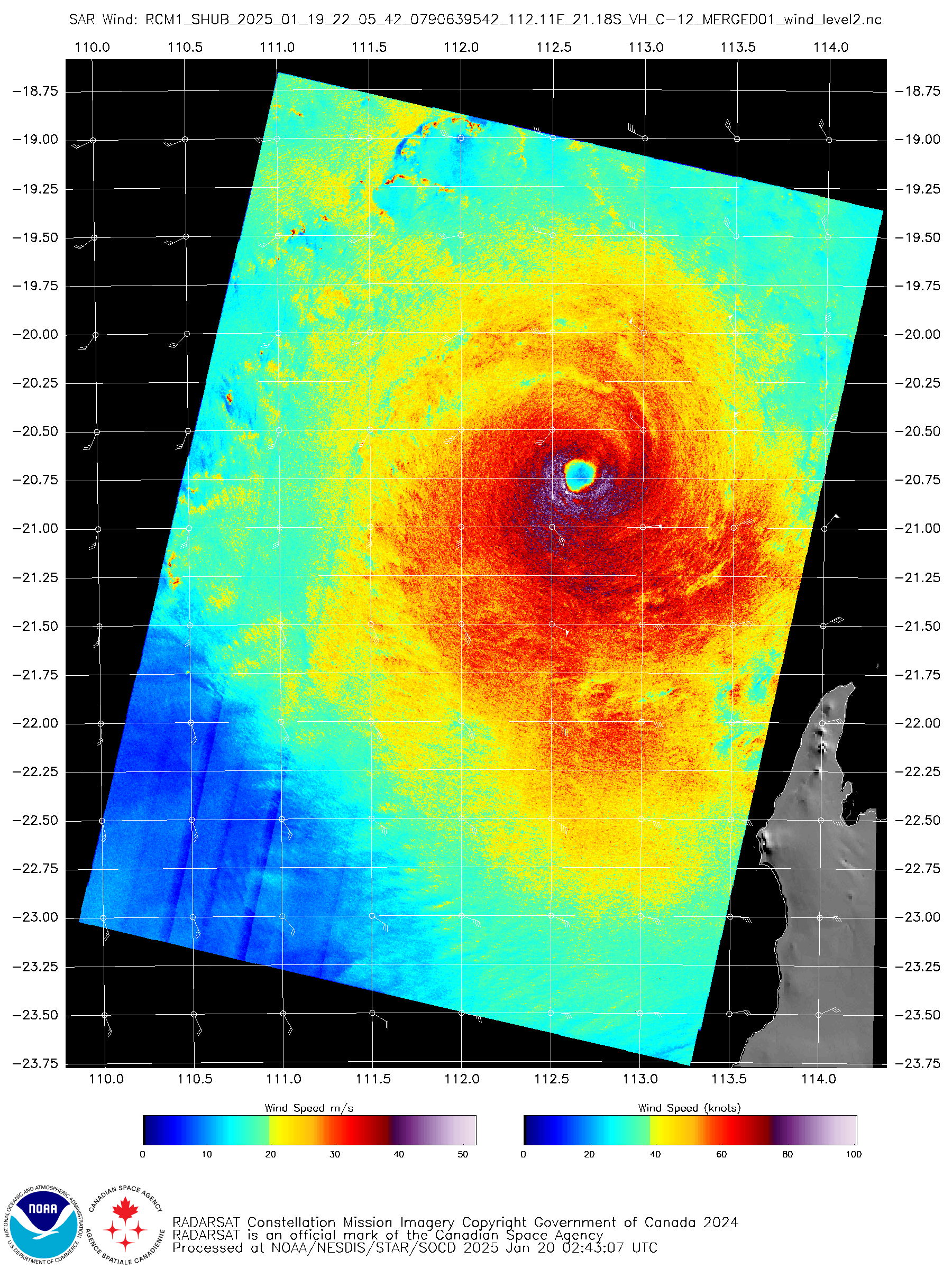 Platform: RCM-1 Acquisition Date: 2025-01-19 22:05:42 UTC Storm Name: SH102025 / SEAN Storm ID: SH10 Storm Center Longitude: 112.650 Storm Center Latitude: -20.728 Incidence Angle (Degrees): 30.098 Quadrant 1 NE VMax (kts): 77.43 Quadrant 2 SE VMax (kts): 83.70 Quadrant 3 SW VMax (kts): 86.51 Quadrant 4 NW VMax (kts): 81.99 RMax (nmi): 6.00 - 9.00