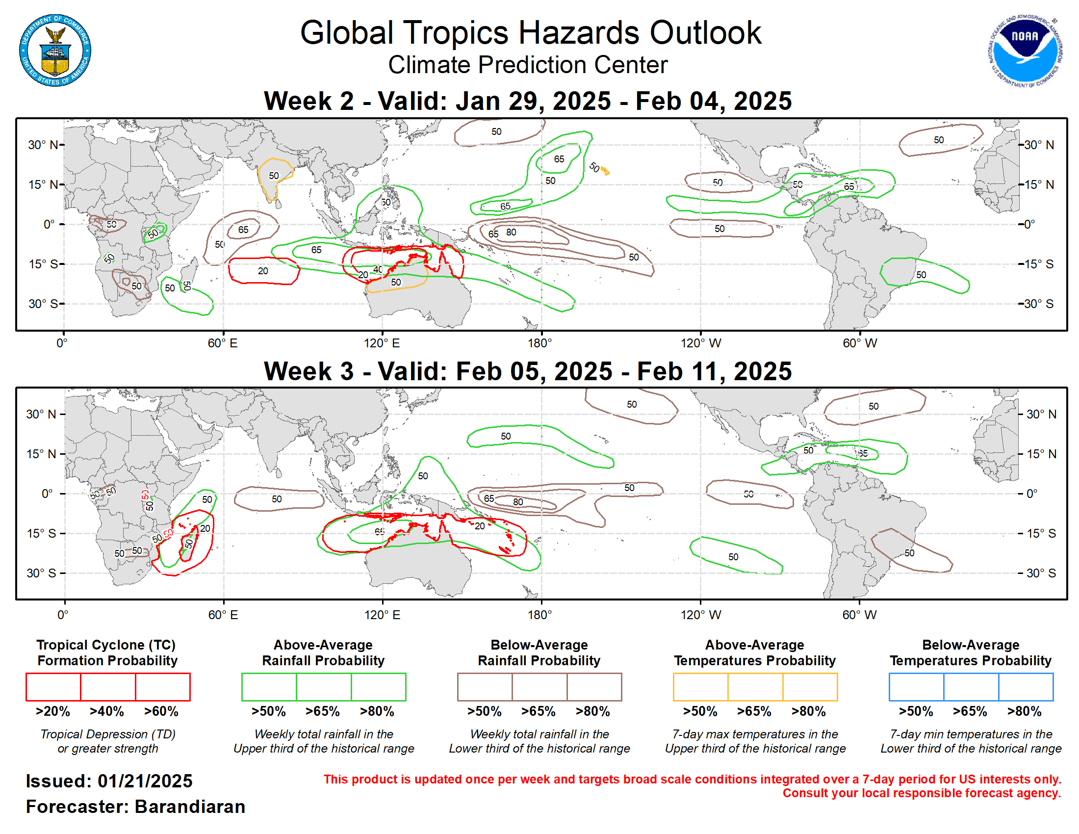 The precipitation outlook for weeks 2 and 3 is based on potential TC activity, the anticipated state of ENSO and the MJO, and informed by GEFS, CFS, Canadian, and ECMWF ensemble mean solutions. During week-2 above-normal temperatures are indicated for the Hawaiian Islands, as well as much of southern India and portions of northwestern Australia. For hazardous weather conditions in your area during the coming two-week period, please refer to your local NWS office, the Medium Range Hazards Forecast produced by the Weather Prediction Center, and the CPC Week-2 Hazards Outlook. Forecasts made over Africa are made in coordination with the International Desk at CPC.