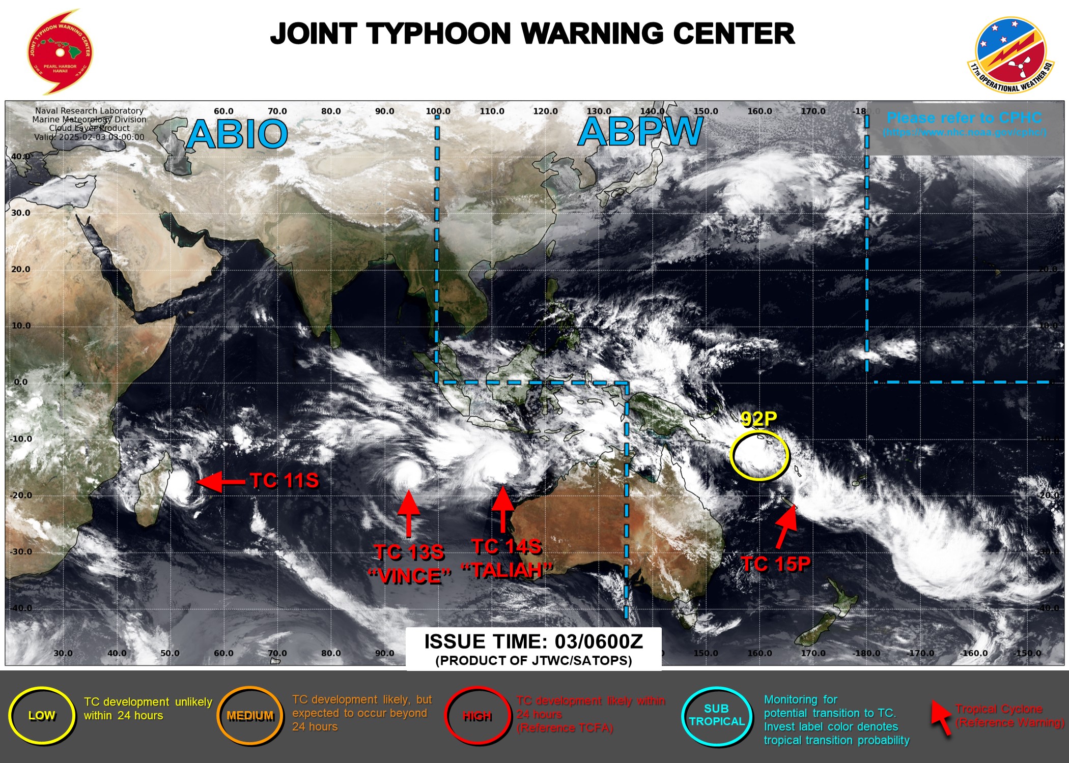 JTWC IS ISSUING 12 HOURLY WARNINGS ON TC 11S, TC 13S, TC 14S AND TC 15P. 3 HOURLY SATELLITE BULLETINS ARE ISSUED ON ALL SYSTEMS AND ON INVEST 92P.