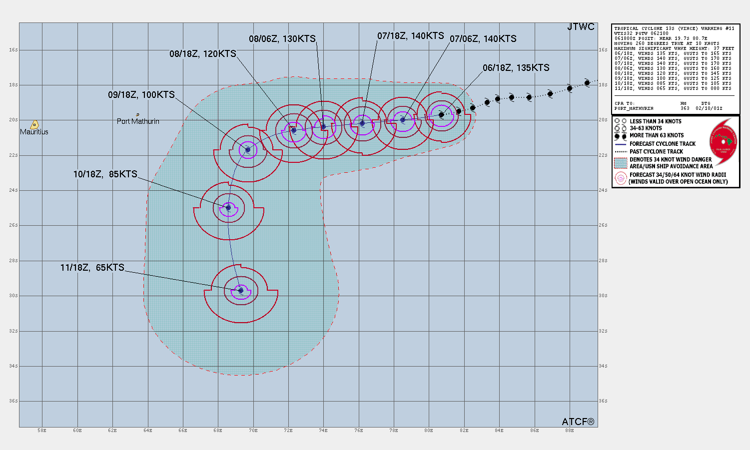 FORECAST REASONING.  SIGNIFICANT FORECAST CHANGES: DUE TO THE RAPID INTENSIFICATION PHASE,  THE SHORT-TERM INTENSITY FORECAST IS SIGNIFICANTLY HIGHER THAN THE PREVIOUS FORECAST.   FORECAST DISCUSSION: THE MAJOR SHORTWAVE TROUGH ASSOCIATED WITH THE SHRINKING BREAK TO THE SOUTH IS FILLING, WITH THE JET MAX LOCATED ON  THE EASTERN SIDE OF THE TROUGH, AND PROPAGATING QUICKLY EASTWARD.  CONSEQUENTLY, THE STR IS EXPECTED TO STRENGTHEN DRIVING THE SYSTEM  WESTWARD THROUGH TAU 48. DUE TO HIGHLY FAVORABLE ENVIRONMENTAL  CONDITIONS AND THE COMPACT NATURE OF THE INSULATED CORE, TC 13S SHOULD  MAINTAIN SUPER TYPHOON STRENGTH WINDS (130-140 KNOTS) THROUGH TAU 36.  HOWEVER, THE VERY SMALL SYSTEM IS SUSCEPTIBLE TO RAPID FLUCTUATIONS IN  INTENSITY THROUGH TAU 48. AFTER TAU 48, THE STEERING RIDGE WILL RE- ORIENT NORTH-SOUTH, WITH A BROAD UPPER-LEVEL SUBTROPICAL TROUGH  DIGGING EQUATORWARD AND ENVELOPING THE SYSTEM, WHICH WILL DRIVE THE  SYSTEM SOUTHWARD THROUGH TAU 120. ENVIRONMENTAL CONDITIONS WILL  DEGRADE IN THE EXTENDED PERIOD LEADING TO A PRONOUNCED WEAKENING  TREND, WITH INCREASING (30-35 KNOTS) VERTICAL WIND SHEAR AND COOLING  SST VALUES (24-25C).