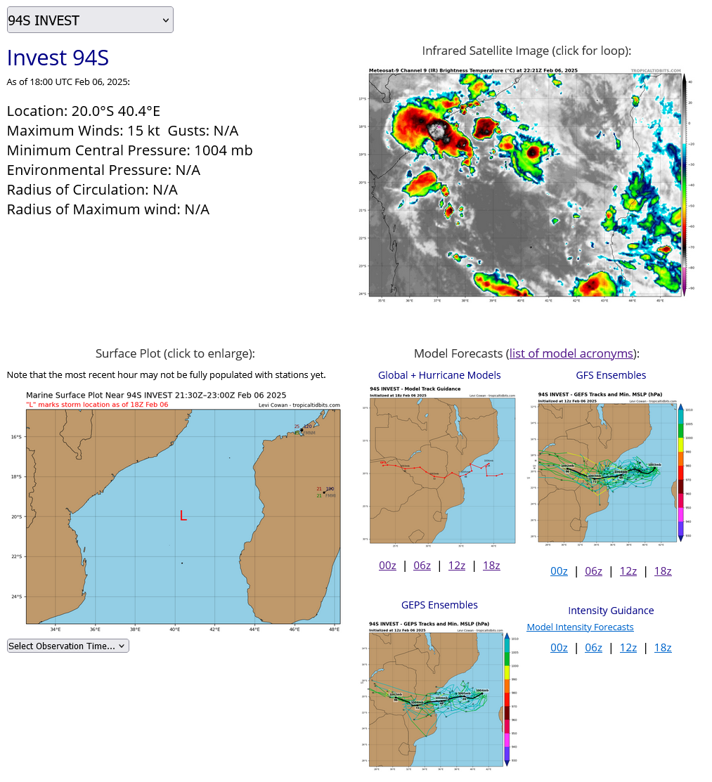 AN AREA OF CONVECTION (INVEST 94S) HAS PERSISTED NEAR 19.9S  41.0E, APPROXIMATELY 150 NM NORTH-NORTHEAST OF EUROPA ISLAND. ANIMATED  MULTISPECTRAL IMAGERY DEPICTS AN ELONGATED AREA OF TURNING WITH  DISORGANIZED FLARING CONVECTION JUST NORTH OF THE CENTER. A NEARBY SHIP  OBSERVATION AT 061600Z SHOWS A BELT OF SOUTH-SOUTHEASTERLY WINDS  BEGINNING TO WRAP INTO THE MOZAMBIQUE CHANNEL WITH CYCLONIC ROTATION.  UPPER-LEVEL ANALYSIS REVEALS A MARGINALLY FAVORABLE ENVIRONMENT FOR  DEVELOPMENT MOVING FORWARD WITH LOW (5-10 KNOTS) VERTICAL WIND SHEAR  AND WARM (28-29C) SEA SURFACE TEMPERATURES. HOWEVER, A LACK OF UPPER  LEVEL DIVERGENCE AND A RELATIVELY DRY ENVIRONMENT IS CURRENTLY  HINDERING THE SYSTEM FROM DEVELOPMENT. WHILE GLOBAL DETERMINISTIC  MODELS DO NOT YET FAVOR THIS SYSTEM, ENSEMBLE MODELS ARE SHOWING SLIGHT  INTENSIFICATION ON A WESTWARD TRACK TOWARDS THE COAST OF CENTRAL  MOZAMBIQUE OVER THE NEXT 24 HOURS. MAXIMUM SUSTAINED SURFACE WINDS ARE  ESTIMATED AT 18 TO 23 KNOTS. MINIMUM SEA LEVEL PRESSURE IS ESTIMATED TO  BE NEAR 1006 MB. THE POTENTIAL FOR THE DEVELOPMENT OF A SIGNIFICANT  TROPICAL CYCLONE WITHIN THE NEXT 24 HOURS IS LOW.