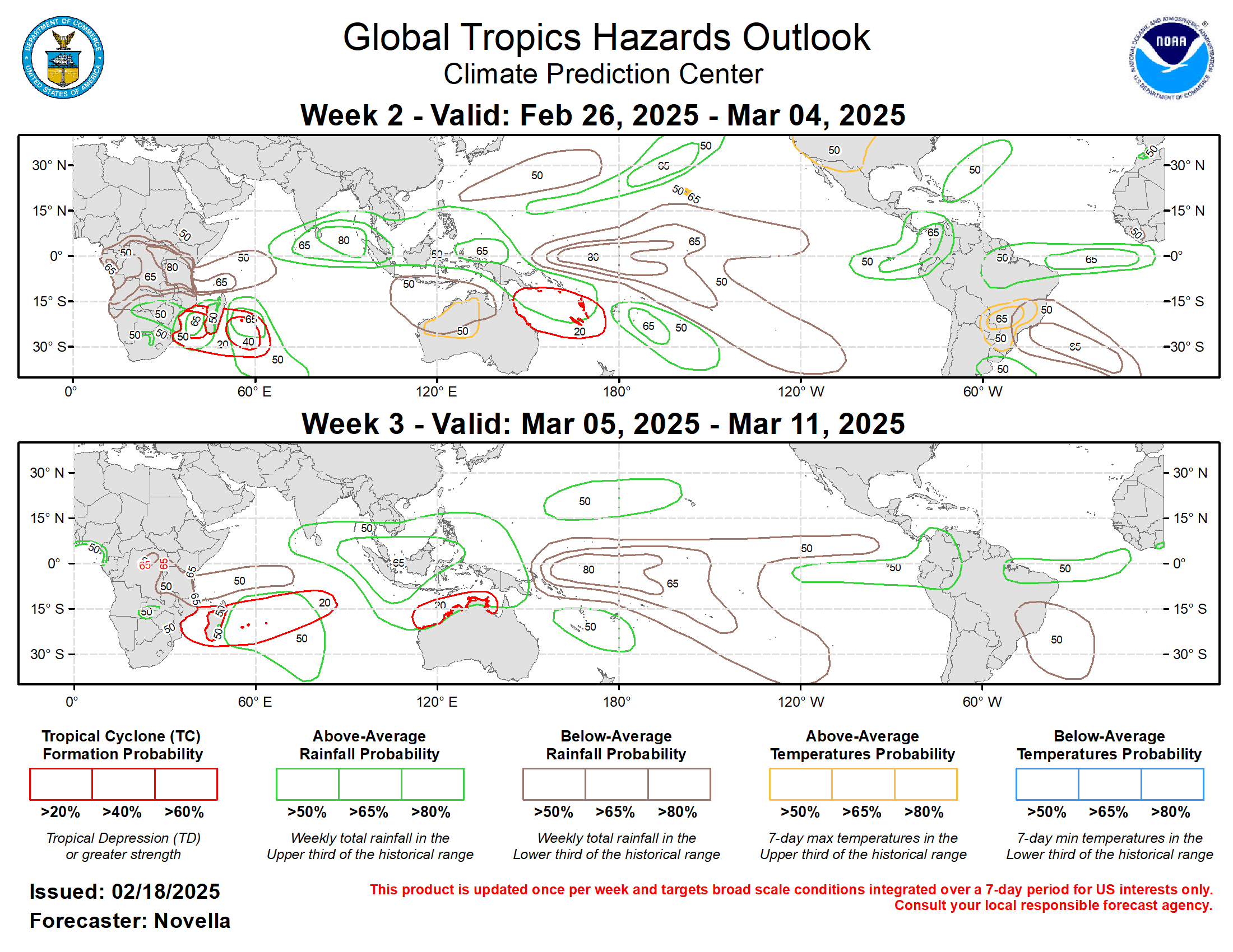 Forecasts for enhanced and suppressed precipitation are based on the continued La Nina response, historical MJO composites for phases 1-3 during Jan-Mar, anticipated TC tracks, and a skill weighted consolidation of GEFS, CFSv2, ECWMF ensemble forecast systems. Following an outbreak of Arctic air mainly east of the North American Rockies during week-1, a fairly swift moderation of temperatures are expected, with above-normal conditions favored for much of the western and central CONUS for week-2. South of the equator, above-normal temperatures are expected to accompany the dryness forecast for much of northwestern Australia, with increased chances for daytime temperatures exceeding 105 deg F during week-2. Above-normal temperatures are also favored for portions of east-central South America.