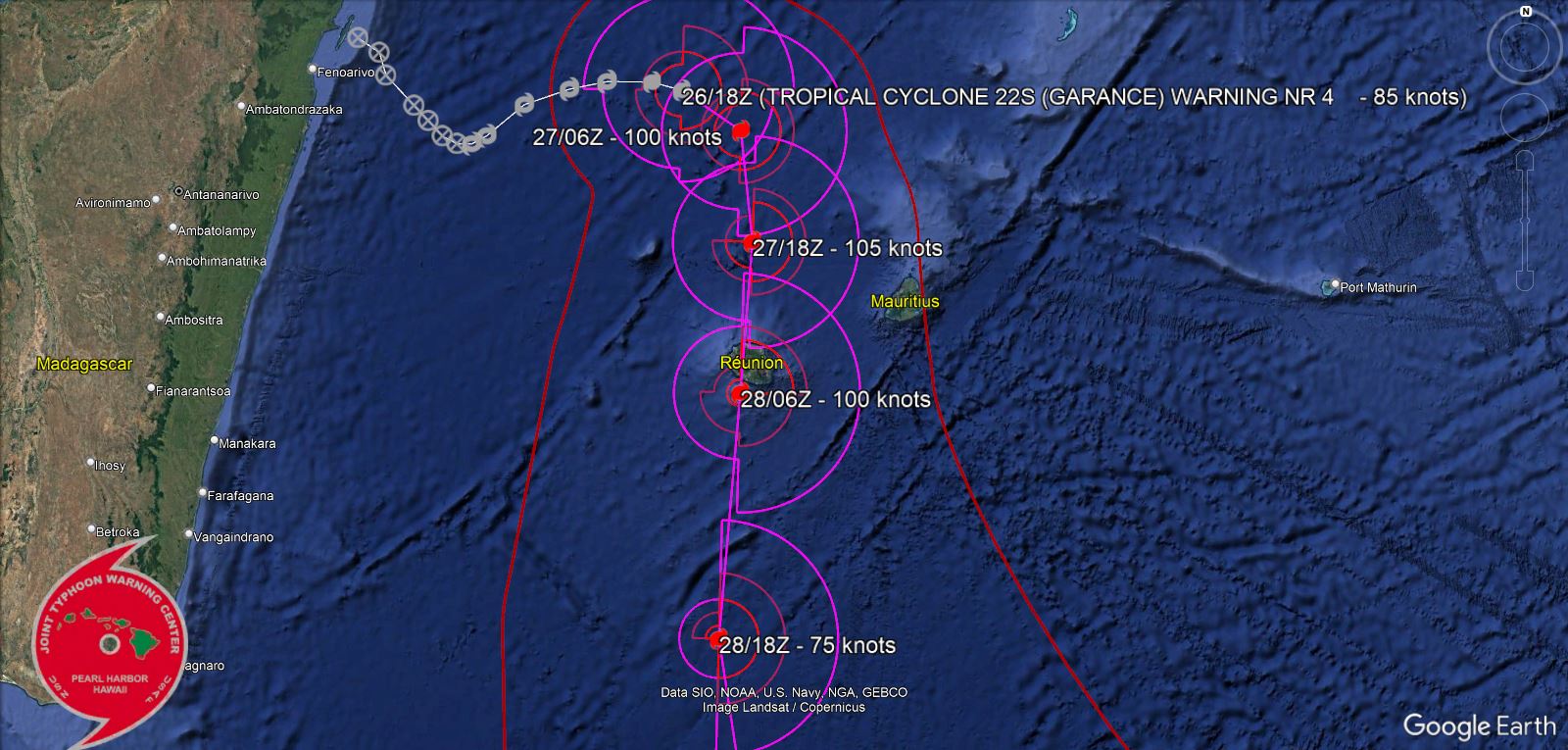 FORECAST DISCUSSION: TC 22S HAS BEGUN TO TURN TOWARDS THE EAST WHILE SLOWING DOWN AS THE STEERING INFLUENCE BEGINS TO SHIFT FROM THE NER TO THE NORTH-SOUTH ORIENTED STR TO THE EAST. OVER THE NEXT 12 TO 24 HOURS, THE SYSTEM WILL CONTINUE TO TURN POLEWARD, THOUGH FORWARD TRACK SPEEDS ARE EXPECTED TO REMAIN RELATIVELY SLOW. ONCE FIRMLY ON THE POLEWARD TRAJECTORY, BY AROUND TAU 24, THE SYSTEM WILL START TO ACCELERATE SOUTHWARD. LANDFALL ON THE NORTHERN SHORE OF LA REUNION IS EXPECTED AROUND 0000Z ON THE 28TH. THE SYSTEM CONTINUES TO ACCELERATE POLEWARD AFTER CROSSING OVER LA REUNION, WILL ROUND THE RIDGE AXIS BY TAU 48 AND THEN TURN SOUTHEAST THEN EAST BY THE END OF THE FORECAST PERIOD. BASED ON THE LATEST CIMSS AMV ANALYSIS, THE SYSTEM IS SITUATED JUST EAST OF A DEEP, NORTHEAST TO SOUTHEAST ORIENTED TROUGH WHICH EXTENDS FROM AN UPPER-LEVEL LOW POSITIONED NEAR 27S 51E, OVER LA REUNION AND TO THE NORTHEASTERN TIP OF MADAGASCAR. THIS UPPER-LEVEL ORIENTATION IS PROVIDING THE SYSTEM WITH VERY GOOD OUTFLOW CONDITIONS, WITH A STRENGTHENING POLEWARD OUTFLOW CHANNEL ADDING TO THE ALREADY STRONG EQUATORWARD OUTFLOW. THE FAVORABLE CONDITIONS ARE EXPECTED TO LAST FOR ANOTHER 24 HOURS OR SO, ALLOWING THE SYSTEM TO CONTINUE TO INTENSIFY, TO A PEAK OF AT LEAST 105 KNOTS BY TAU 24. THE SYSTEM WILL BEGIN TO FEEL THE EFFECTS OF INCREASING WIND SHEAR AS IT APPROACHES LANDFALL BUT WILL STILL BE A POWERFUL STORM AS IT MAKES LANDFALL AT LA REUNION. SHEAR IS FORECAST TO RAPIDLY INCREASE BY TAU 36, AND THE SYSTEM WILL BE COMPLETELY SHEARED APART BY ABOUT TAU 48 AS IT ROUNDS THE RIDGE AXIS. SLOW BUT STEADY WEAKENING IS FORECAST FROM TAU 48 THROUGH THE END OF THE FORECAST PERIOD.