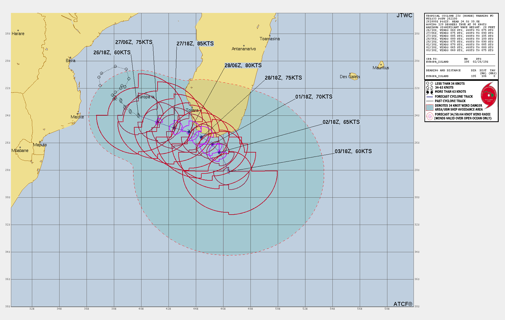 FORECAST REASONING.  SIGNIFICANT FORECAST CHANGES: THERE ARE NO SIGNIFICANT CHANGES TO THE FORECAST FROM THE PREVIOUS WARNING.  FORECAST DISCUSSION: TROPICAL CYCLONE (TC) 23S WILL CONTINUE TRACKING EAST-SOUTHEASTWARD FOR THE NEXT SEVERAL DAYS UNDER THE CONTINUED STEERING INFLUENCE OF THE NEAR-EQUATORIAL STEERING RIDGE. THE STEERING PATTERN IS EXPECTED TO SHIFT BY TAU 96, WITH THE NER RECEDING AND A SUBTROPICAL RIDGE TO THE EAST BUILDING WESTWARD AND BECOMING THE DOMINANT STEERING MECHANISM, TURNING TC 23 TOWARD A POLEWARD TRACK. ADDITIONALLY, THERE IS SOME POTENTIAL THAT INTERACTION WITH TC 22S TO THE EAST WILL ALTER STORM MOTION IN THE MEDIUM TERM. ENVIRONMENTAL CONDITIONS ARE FAVORABLE FOR ONGOING STEADY TO RAPID INTENSIFICATION OVER THE NEXT 24 HOURS, WITH THE BROAD CIRCULATION CENTER FUNCTIONING AS A LIGHT BRAKE TO THE INTENSIFICATION RATE. AFTER TAU 24, INTERACTION OF THE NORTHERN PORTION OF THE CIRCULATION WITH MADAGASCAR AND DECREASING ALONG-TRACK SEA SURFACE TEMPERATURES ARE EXPECTED TO HALT INTENSIFICATION AND EVENTUALLY RESULT IN SLOW WEAKENING.