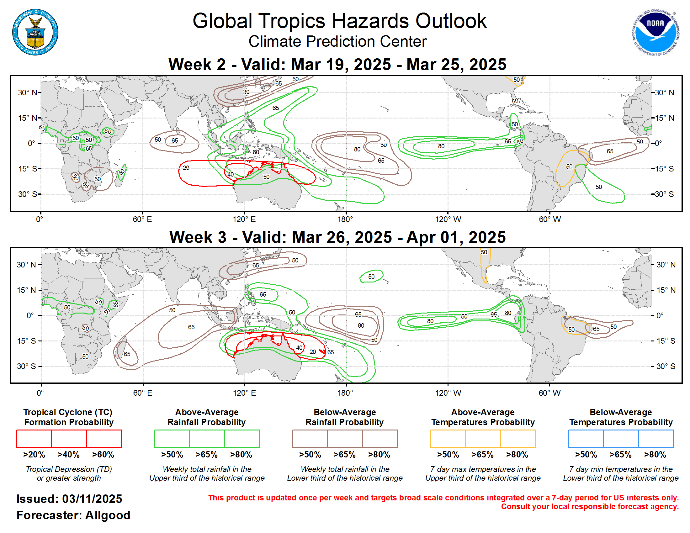 Forecasts for above- and below-average precipitation are based on an analysis of historical MJO activity for phases corresponding to the outlook, which are a Maritime Continent event during Week-2, and a West Pacific event during Week-3. The ENSO base state is also favored to contribute to suppressed rainfall near the equatorial Date Line, while the warm SSTs across the eastern Pacific favor enhanced rainfall, with high probabilities for persistent enhanced rainfall across western South America, which could generate flooding concerns. An active pattern is also favored for much of the Maritime Continent, including Australia following a break during the last week or two. Forecasts across the Western Hemisphere lean more heavily on a skill weighted consensus of dynamical model guidance, as MJO anomalies tend to be weaker in these regions. Forecasts over Africa are made in coordination with CPC’s International Desk. For hazardous weather conditions in your area during the coming two-week period, please refer to your local NWS office, the Medium Range Hazards Forecast produced by the Weather Prediction Center, and the CPC Week-2 Hazards Outlook.