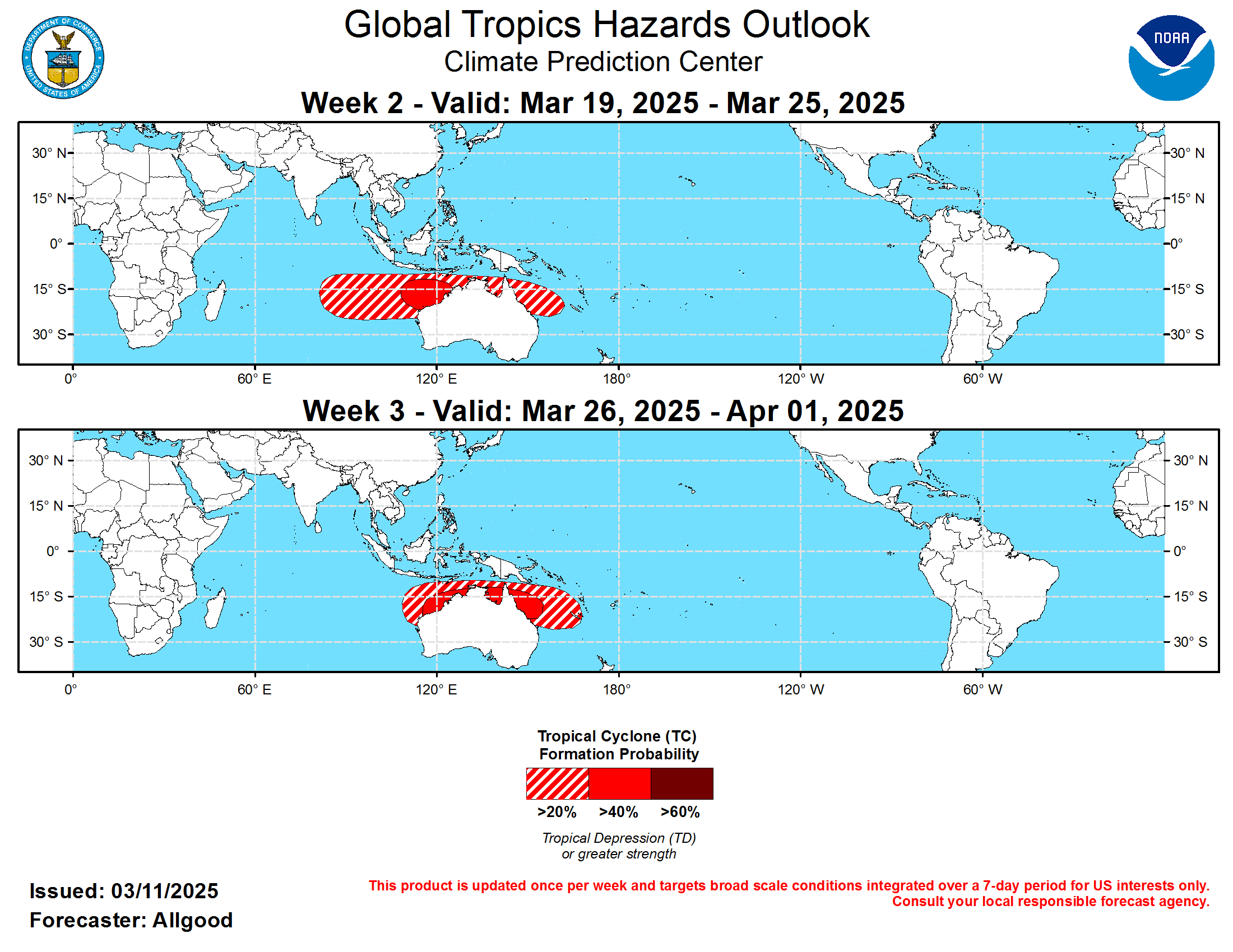 During the past week, the spatial structure of upper-level velocity potential anomalies became increasingly coherent, presenting a Wave-1 structure with eastward propagation of the broad-scale anomaly field. This activity corresponded to an amplification of the RMM-based Madden-Julian Oscillation (MJO) index. Therefore, an active MJO appears to have re-emerged from the chaotic pattern at the end of February, with the enhanced convective phase now centered over Africa. Dynamical model MJO index forecasts depict an amplified signal propagating across the Indian Ocean during Week-1, reaching the Maritime Continent during Week-2, and a more uncertain evolution by Week-3. In addition to this intraseasonal signal, a complex low-frequency base state is also contributing to the global tropical convective pattern. La Nina conditions continue, with below-average SSTs and enhanced trade winds west of 150W. Across the east-central and far eastern Pacific, however, persistent low-level westerlies have resulted in a shallow surface layer of above-average ocean temperatures, more typical of an El Nino event. These above-average SSTs are resulting in enhanced convection along the Equator over the eastern Pacific, extending over western South America and portions of Central America, while suppressed convection remains fixed near the Date Line. This highly unusual ENSO structure is likely to influence the MJO evolution as the enhanced signal reaches the Pacific, and may partly explain the uncertainty in the dynamical model guidance.  Two tropical cyclones formed in the past week over the southern Indian Ocean, continuing a highly active tropical cyclone season for the basin. Tropical Storm Ivone formed on March 8 well east of Madagascar, and has been meandering over open waters during the last several days. No direct impacts to land are anticipated in association with this system. Later on March 8, Tropical Cyclone Jude formed closer to Madagascar, clipping the northern portion of the island and eventually making a second landfall over Mozambique at Category-1 intensity on the Saffir-Simpson scale and bringing widespread wind and flooding impacts. During the outlook period, an area of enhanced favorability for tropical cyclogenesis is forecast to progress from the south-central Indian Ocean to the eastern portion of the basin - the vicinity of northern Australia - during Week-2. The highest probabilities for formation based on historical MJO events and dynamical model guidance exist near the Kimberley Coast and Pilbara Coast of Western Australia. During Week-3, this area of enhanced favorability shifts slightly eastward, with higher probabilities for formation building across the Gulf of Carpentaria and Coral Sea. Development over the northwestern Pacific is also possible, especially during Week-3, but confidence is too low to include a hazard on this outlook.