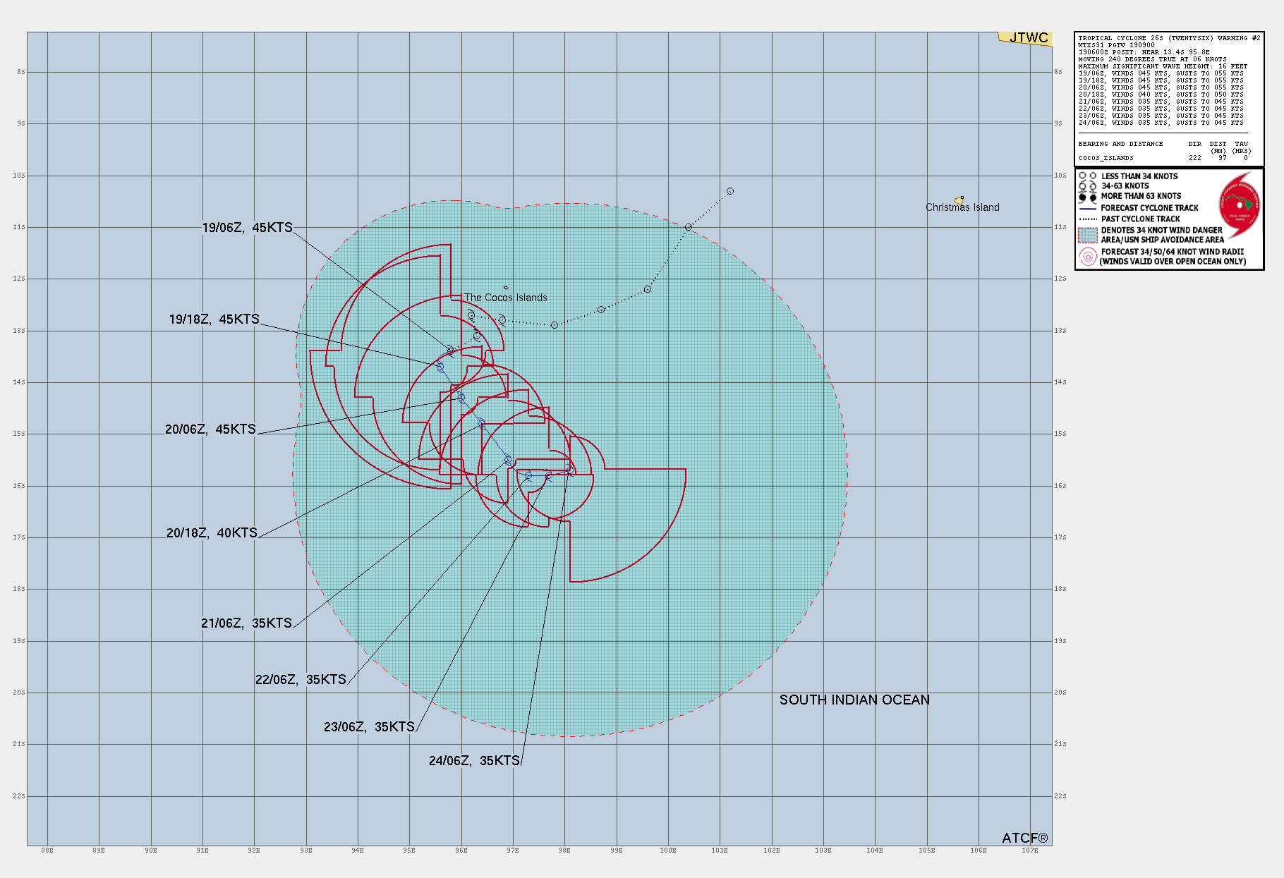 FORECAST REASONING.  SIGNIFICANT FORECAST CHANGES: THERE ARE NO SIGNIFICANT CHANGES TO THE FORECAST FROM THE PREVIOUS WARNING.  FORECAST DISCUSSION: TC 26S REMAINS TRAPPED BETWEEN A BELT OF LOW- TO MID-LEVEL NORTHWESTERLIES TO THE NORTH AND A DEEP-LAYER STR TO THE SOUTH. OVER THE PAST 12 HOURS OR SO, THE STR HAS BEEN THE DOMINATE INFLUENCE, AND AFTER A BRIEF SOUTHEASTWARD EXCURSION, TC 26S HAS TRACKED FOR THE MOST PART TOWARDS THE SOUTHWEST SINCE THIS MORNING. OVER THE NEXT 12 HOURS OR SO, THE STR IS EXPECTED TO WEAKEN AND SHIFT EASTWARD, WHICH WILL ALLOW THE INFLUENCE OF THE WESTERLIES TO THE NORTH TO INCREASE, AND TURN TC 26S TOWARDS THE SOUTHEAST THROUGH TAU 72. A COMBINATION OF WEAKENING MONSOON WESTERLIES TO THE NORTH AND A RESTRENGTHENING STR TO THE SOUTH WILL GENERATE A WEAK STEERING PATTERN AND THE SYSTEM IS EXPECTED TO SLOW SIGNIFICANTLY, GENERALLY BECOMING QUASI-STATIONARY AFTER TAU 72. IN TERMS OF INTENSITY, THE RECENT BURSTS OF CONVECTIVE ACTIVITY HAVE PROVIDED THE IMPETUS TO CONTINUE SPINNING UP THE LOW-LEVEL WIND FIELD AND IT IS ASSUMED THE SYSTEM HAS MAINTAINED 45 KNOT INTENSITY, AS MEASURED BY AN EARLIER SMOS PASS. HOWEVER, THE SYSTEM REMAINS HIGHLY TILTED AND IT WILL BE DIFFICULT FOR THE SYSTEM TO OVERCOME THE PERSISTENT, STRONG, EASTERLY SHEAR AND ACHIEVE SYMMETRIZATION. THE WIND FIELD HOWEVER WILL NOT WEAKEN SIGNIFICANTLY IN THE SHORT-TERM, AND THE FORECAST CALLS FOR A STEADY STATE INTENSITY THROUGH TAU 24. THEREAFTER, WHILE SHEAR IS EXPECTED TO WEAKEN SLIGHTLY, LARGE-SCALE SUBSIDENCE AND SIGNIFICANT DRYING OF THE AIRMASS ALONG THE NORTHERN SIDE OF THE CIRCULATION WILL BEGIN TO IMPACT THE SYSTEM. THE DRY AIR WILL BE INGESTED INTO THE INNER CORE OF THE SYSTEM AFTER TAU 24, RESULTING IN A SLOW BUT STEADY WEAKENING TREND THROUGH TAU 48. SOME MODEST MOISTENING AND DECREASE IN SHEAR IS EXPECTED AFTER TAU 48, THOUGH BY THAT TIME, HAVING SPENT A SIGNIFICANT AMOUNT OF TIME OVER RELATIVELY THE SAME AREA, COOL WATER UPWELLING WILL OFFSET THE OTHERWISE MORE FAVORABLE ENVIRONMENTAL CONDITIONS. THE TUG OF WAR BETWEEN THESE COMPETING INFLUENCES MEANS THE SYSTEM WILL LIKELY MAINTAIN MINIMAL TROPICAL STORM STRENGTH THROUGH THE END OF THE FORECAST PERIOD, THOUGH IT IS POSSIBLE IT COULD WEAKEN BELOW WARNING THRESHOLD PRIOR TO TAU 120.