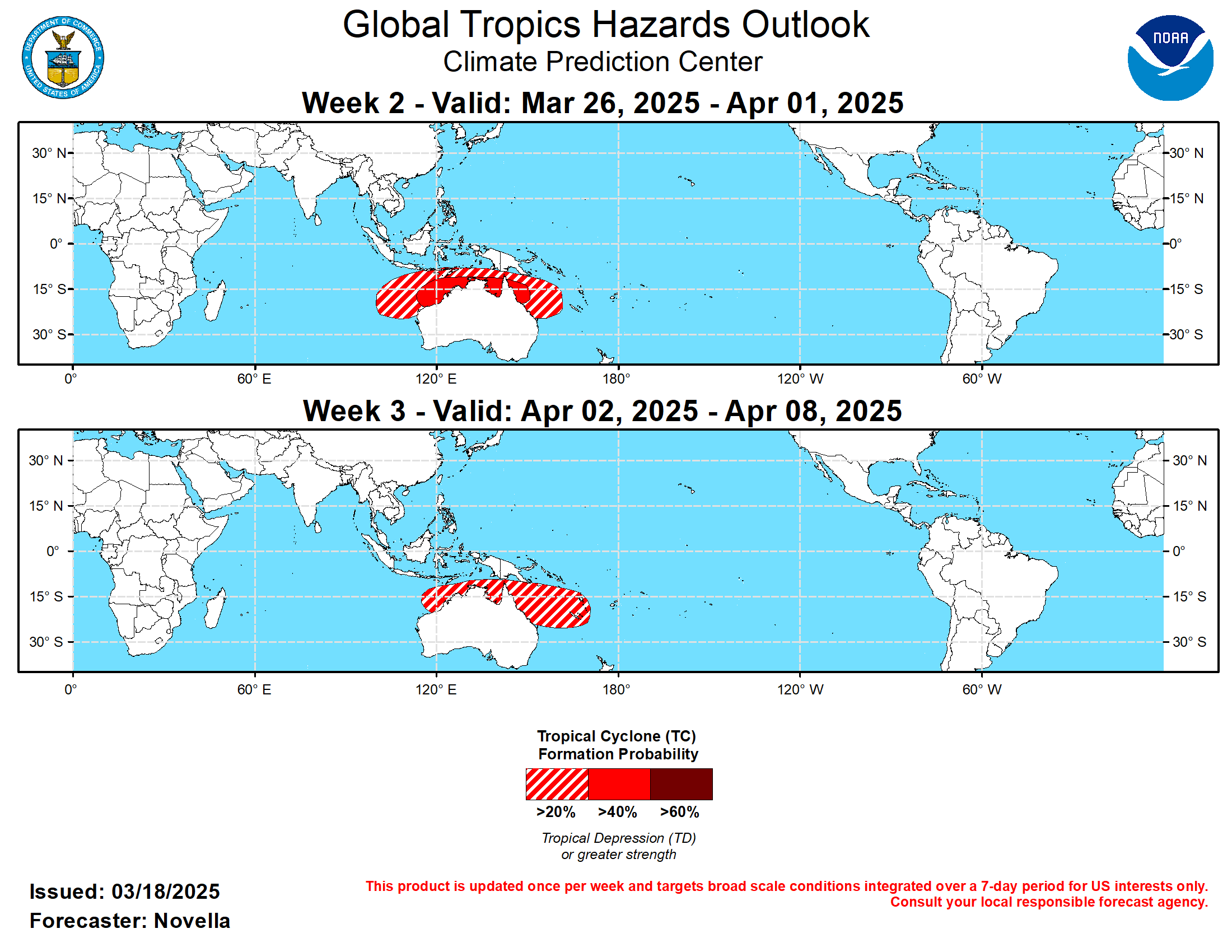 Valid - 03/26/25 - 04/08/25 Since entering the Indian Ocean at a slowed phase speed earlier in month, RMM observations show a more canonical eastward propagation of the MJO signal, though its amplitude has gradually weakened during the past few days in phase 3. Objective filtering of upper-level velocity potential and OLR anomaly observations offer a slightly different perspective, which shows the core of the MJO enhanced envelope closer to 110E, where according to composites during Feb-Apr, is more reflective of a phase 4 MJO expression at present. During the next week, RMM forecasts favor a very fast phase speed over the Maritime Continent, while maintaining a low to near zero amplitude as it enters the Western Pacific. Such a phase speed is uncharacteristic of the MJO, and the thinking is that this behavior is related to the rapid development of suppressed divergence aloft favored in the western Indian Ocean tied to exiting equatorial Kelvin wave activity in the region. This would cause the RMM index to “catch-up” to the enhanced convective MJO envelope that actually lies closer to the Western Pacific, consistent with the latest OLR and velocity potential short-term forecast fields.  Beyond week-1 however, dynamical models remain at odds with the strength and evolution of the MJO once in the Western Pacific. The ECMWF continues to devolve the upper-level velocity potential fields into a multiple wave pattern by weeks 2 and 3, suggesting other modes of variability, namely, an emerging low frequency signal in the eastern Pacific characteristic of El Nino conditions, are playing a growing role in the global tropics. The GEFS and CFS have been less supportive of this feature, likely owing to the shallowness of the anomalously warm water in eastern Pacific, and favor a more organized MJO over the western Pacific. However, these models also struggle to maintain its eastward propagation and its potential to break through the low-frequency enhanced trade wind regime along Date Line heading into April. Given the unusual structure of the base state, and its potential interactions with the evolving subseasonal activity, there is a higher degree of uncertainty in the updated outlook. Despite these uncertainties, there continues to be decent support in the model guidance for additional tropical cyclone (TC) development in the southern Indian Ocean and South Pacific later in March. Conversely, decreased chances for TC development are favored over the southeastern and south-central Indian Ocean following a pretty active period from late February into early March.  No TCs formed during the past week, with no active TCs at present. The Joint Typhoon Warning Center (JTWC) is monitoring a disturbance (91S) in the southeastern Indian Ocean with increased chances of formation during week-1. With the GEFS and ECMWF both favoring the persistence of strong anomalous lower level westerlies over this part of the basin and extending eastward by week-2, conditions look to remain favorable for additional development off the Kimberley Coast eastward to the Coral Sea. Therefore, 40% chances are posted from approximately 120E to 145E to the north of Australia, with a broader area of 20% chances, consistent with the week-3 GTH outlook issued last week. Probabilistic genesis tools also feature increased signals north of the equator in the Philippine Sea; however, the environment may not be yet conducive for genesis, precluding any TC shapes at this time. TC development is also possible to the northeast of Madagascar based on these tools, but forecast confidence is too low especially if the suppressed phase of the MJO should prevail over this part of the basin. Given the aforementioned differences in the model guidance with respect to the MJO, the week-3 perspective is unclear, which is compounded by a quieter genesis climatology entering April. However, 20% chances are posted to the north of Australia and extending eastward into the South Pacific where models favor the persistence of anomalous lower-level westerlies with modest signals in the probabilistic tools.