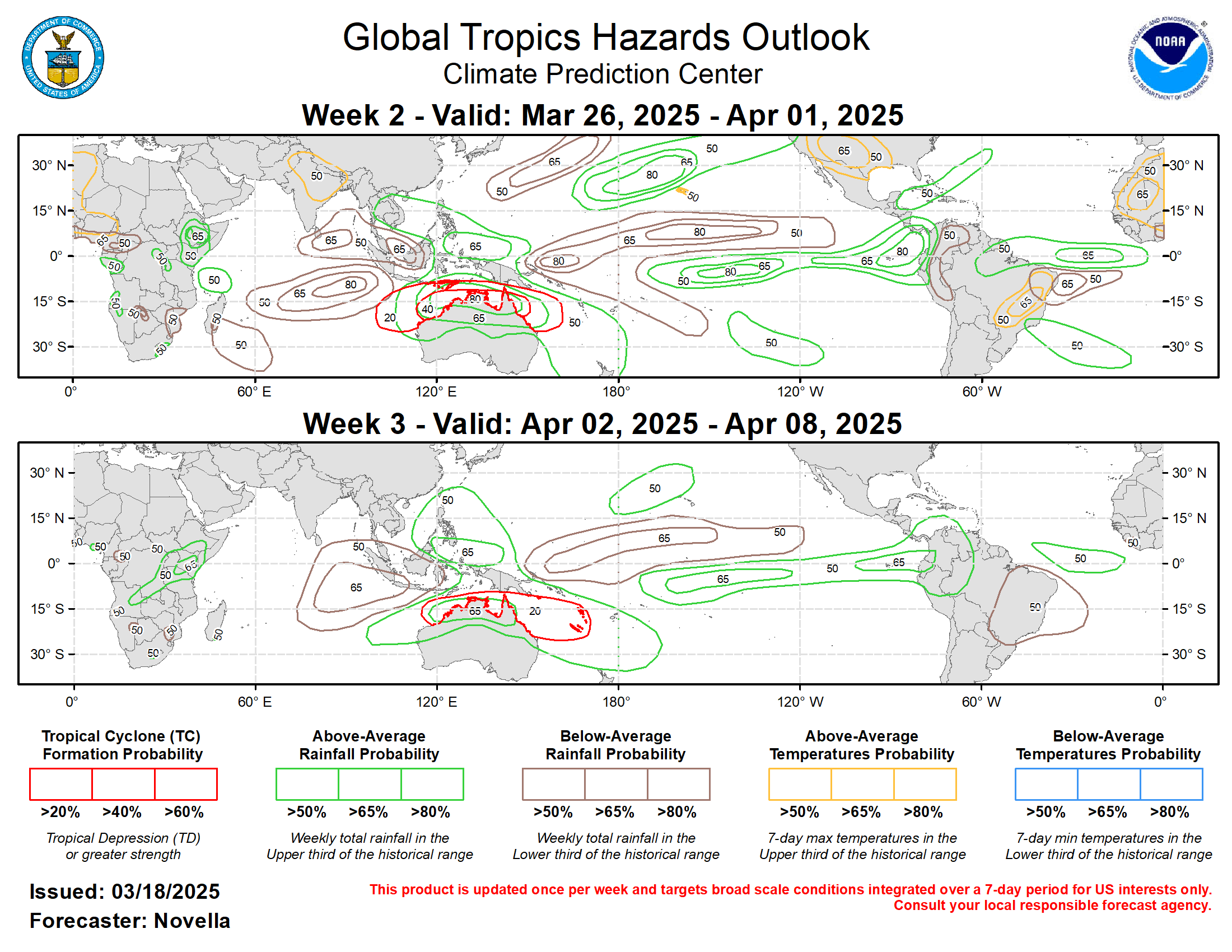 Forecasts for enhanced and suppressed precipitation are based on a historical skill weighted blend of CFSv2, GEFS, and ECMWF ensemble systems, with some consideration of MJO and ENSO composites for Feb-Apr due the uncertainties associated with predicted subseasonal activity, as well as the non-canonical low frequency base state. The model blend does well reflect the suppressed precipitation near the Date Line tied to the enhanced trades, with warming SSTs supporting an expanded coverage of enhanced precipitation over the eastern and central equatorial Pacific, where the highest probabilities are issued. Above-normal temperatures are favored over much of the western CONUS and many parts of eastern South America, where drought related conditions are being registered. In addition, excessive heat conditions are possible in portions of western Africa and the Indian subcontinent where daytime temperatures could exceed 105 degrees F. Precipitation forecasts over Africa are made in coordination with the International Desk at CPC. For hazardous weather concerns in your area in the U.S. during the next two weeks, please refer to your local NWS office, the Medium Range Hazards Forecast produced by the Weather Prediction Center, and the CPC Week-2 Hazards Outlook.