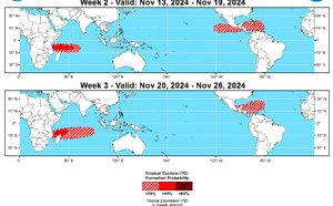 Typhoon 24W(YINXING) peaking within 24h just North of LUZON//HU 18L(RAFAEL)//3 Week TC Formation Probability//0603utc 